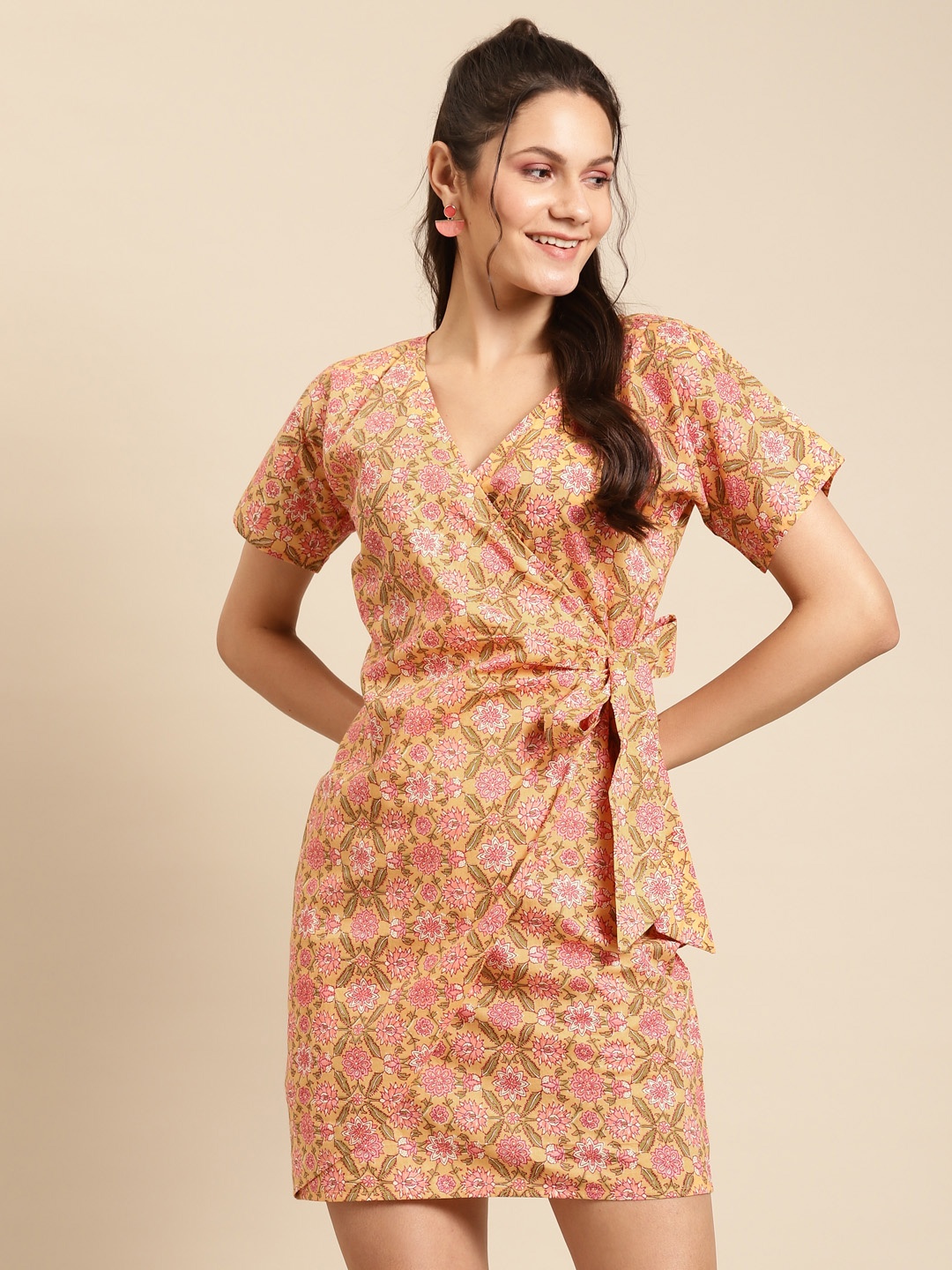 

MABISH by Sonal Jain Women Peach-Coloured & Pink Cotton Printed Wrap Dress