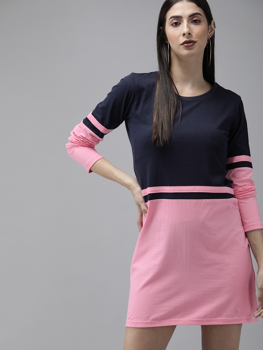 

The Dry State Women Blue & Pink Colourblocked T-shirt Dress