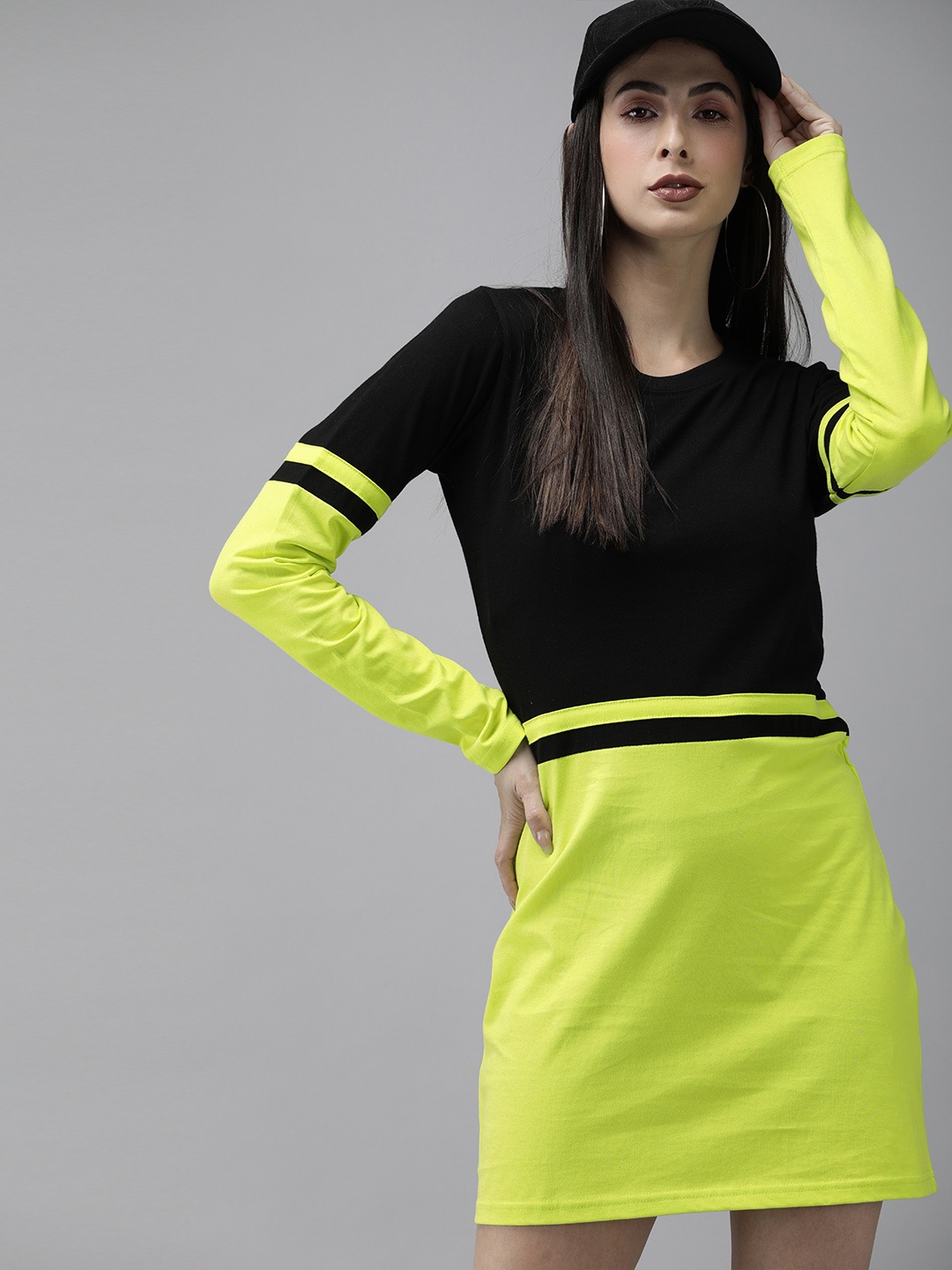 

The Dry State Women Black & Fluorescent Green Colourblocked T-shirt Dress