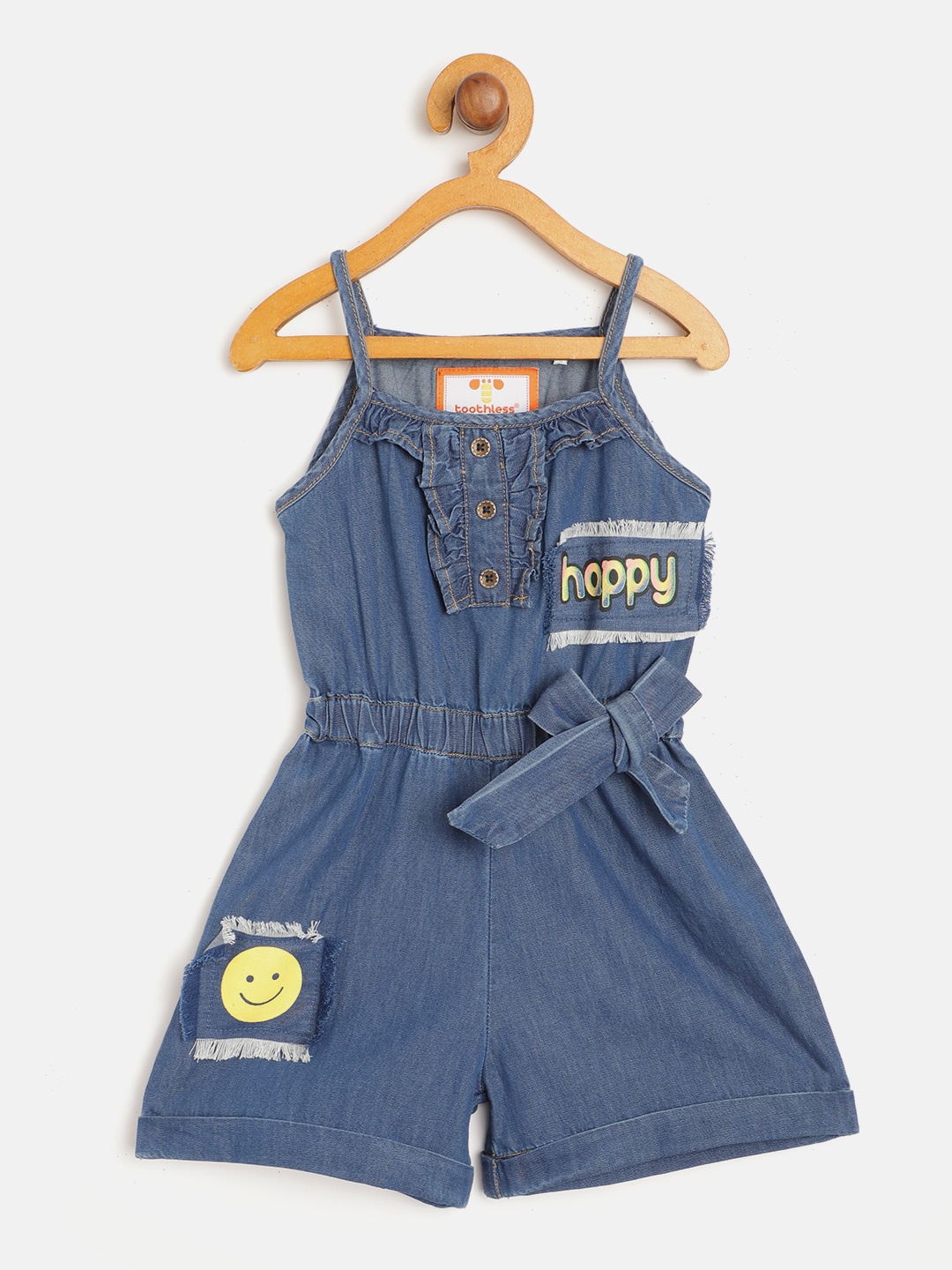 

toothless Girls Blue Solid Chambray Applique Detail Ruffle Pure Cotton Playsuit