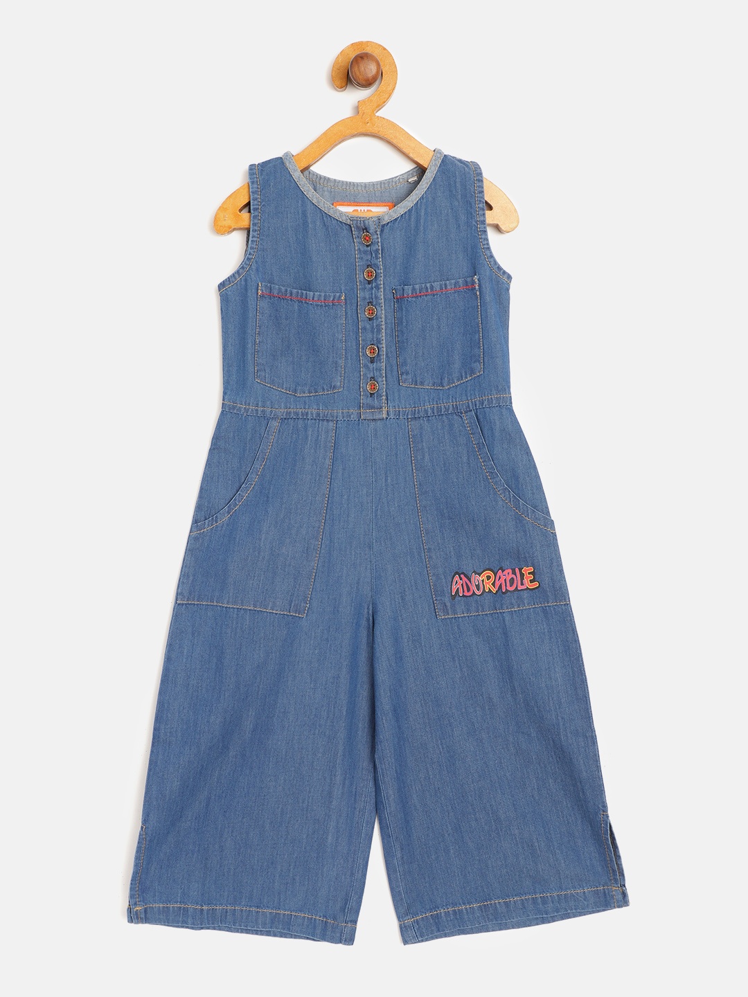 

toothless Girls Blue Solid Chambray Pure Cotton Basic Jumpsuit