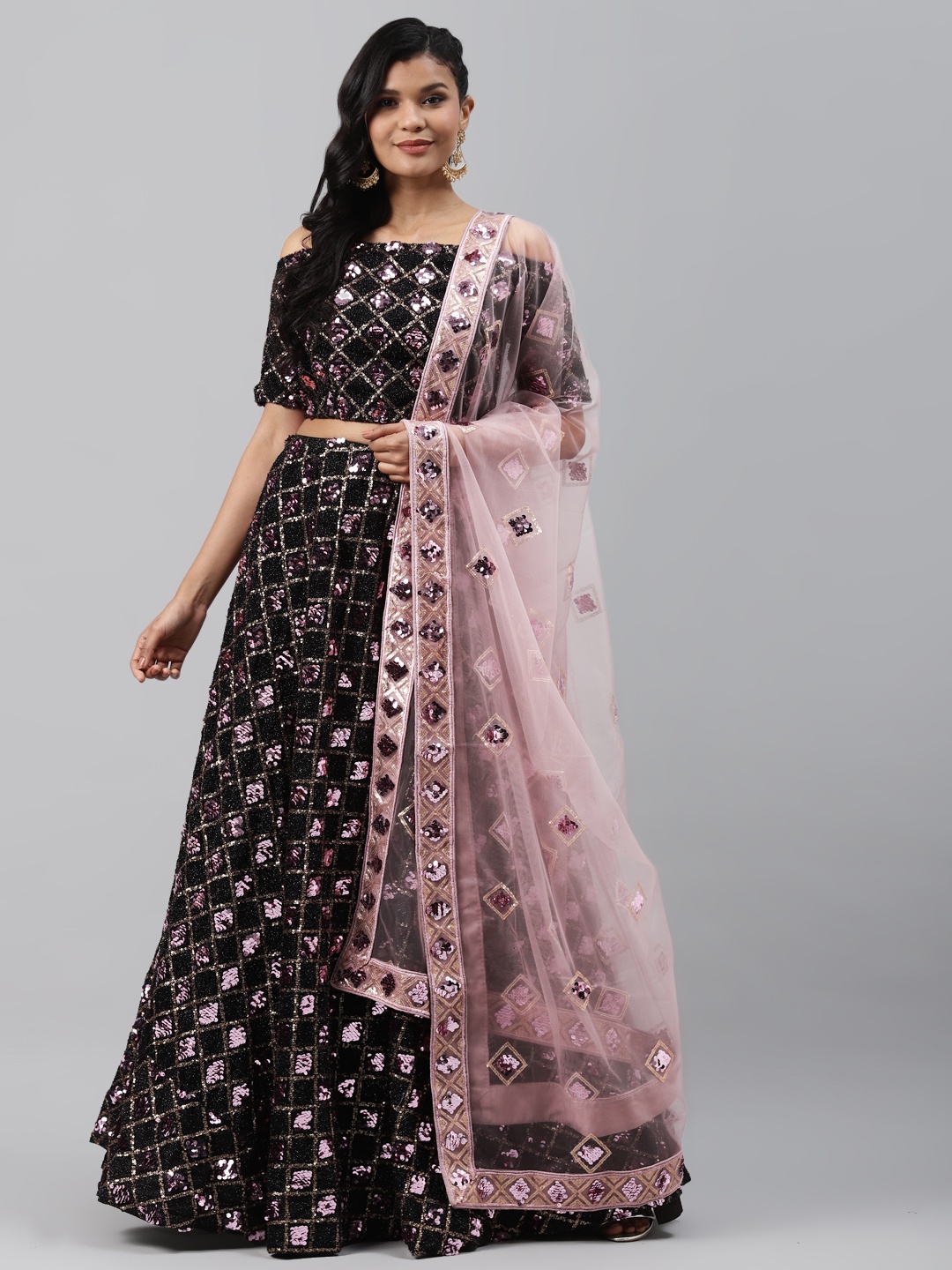 

Readiprint Fashions Black & Pink Embellished Semi-Stitched Lehenga & Unstitched Blouse with Dupatta