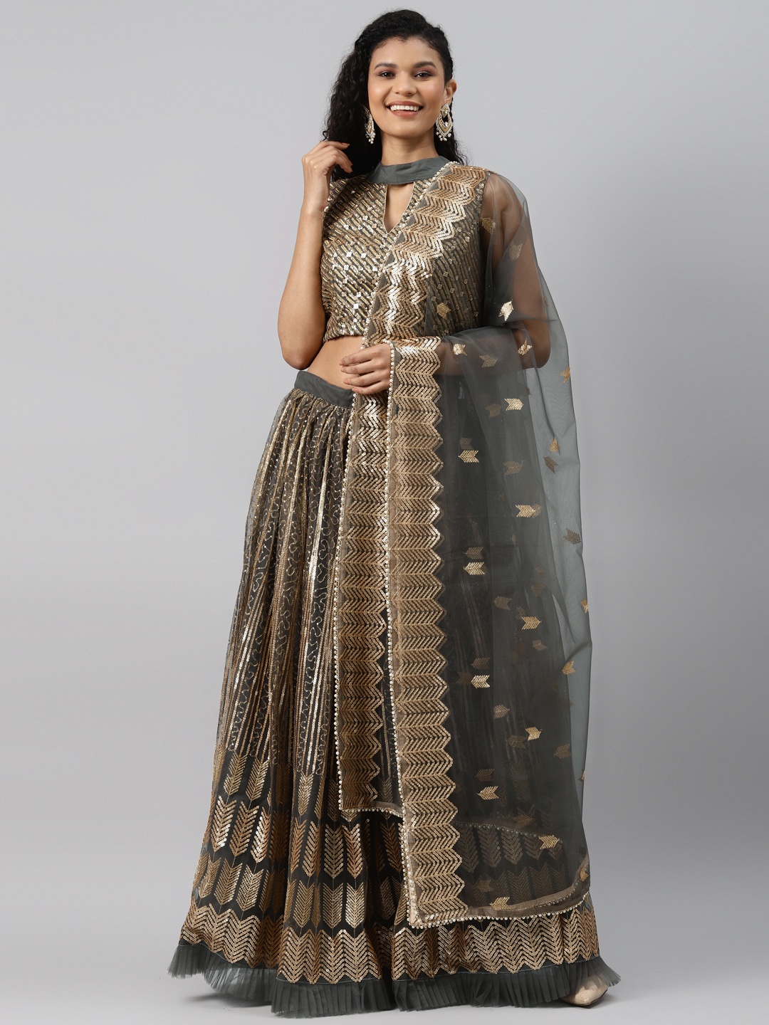 

Readiprint Fashions Charcoal & Gold-Toned Embellished Semi-Stitched Lehenga & Unstitched Blouse with Dupatta