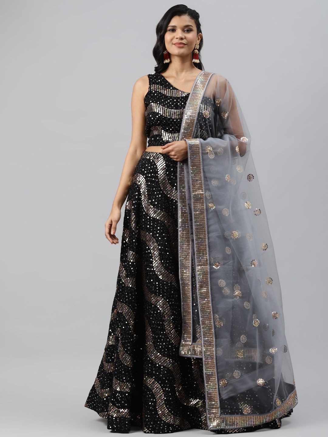 

Readiprint Fashions Black & Grey Semi-Stitched Lehenga & Unstitched Blouse with Dupatta