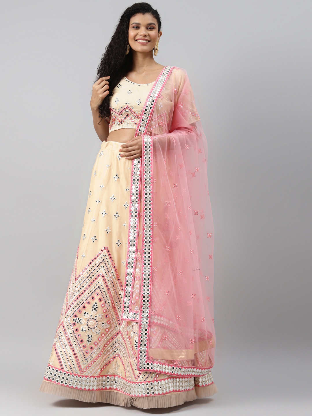 

Readiprint Fashions Cream-Coloured & Pink Embroidered Semi-Stitched Lehenga & Unstitched Blouse with Dupatta