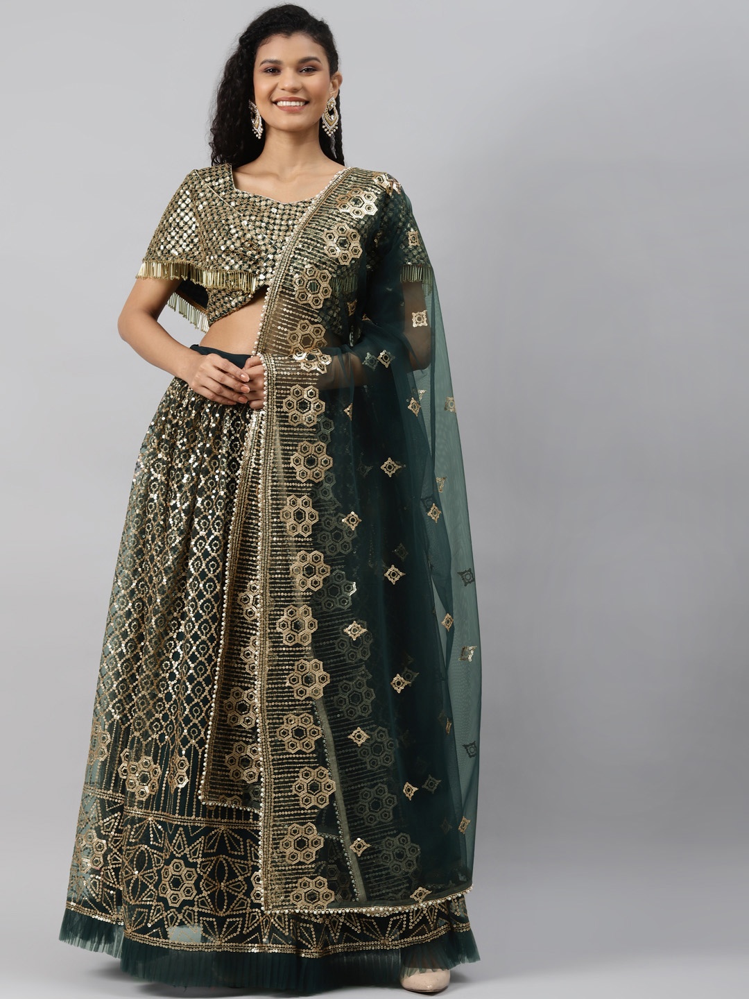 

Readiprint Fashions Green & Gold-Toned Embellished Semi-Stitched Lehenga & Unstitched Blouse with Dupatta