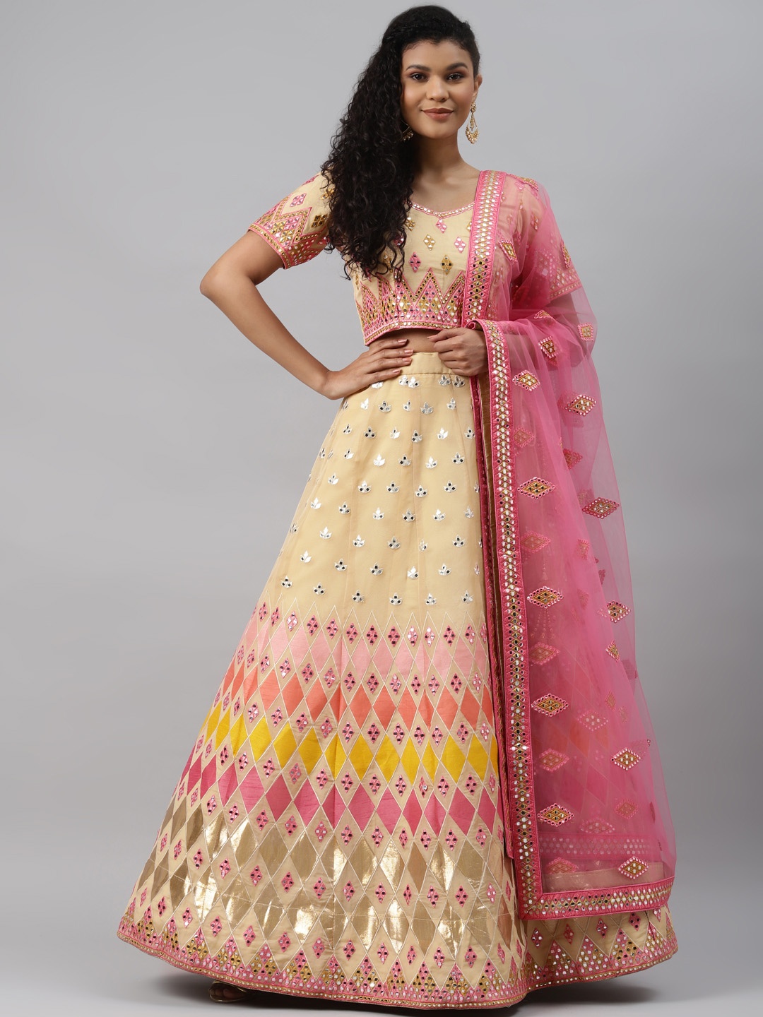 

Readiprint Fashions Cream-Coloured & Pink Embroidered Semi-Stitched Lehenga & Unstitched Blouse with Dupatta