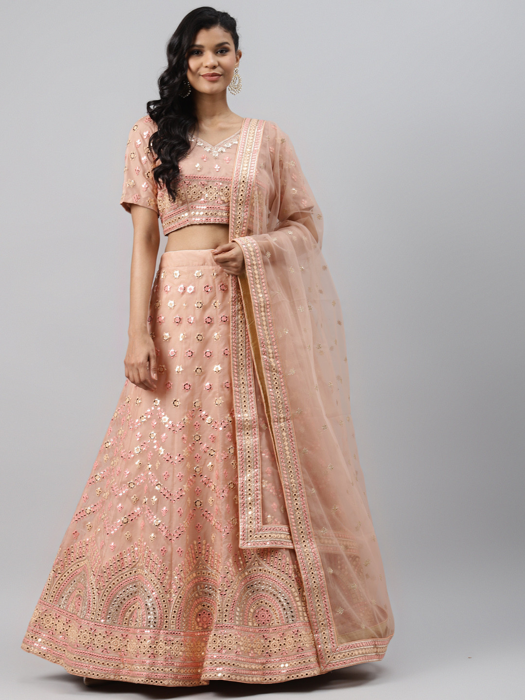 

Readiprint Fashions Peach-Coloured Semi-Stitched Lehenga & Unstitched Blouse & Dupatta
