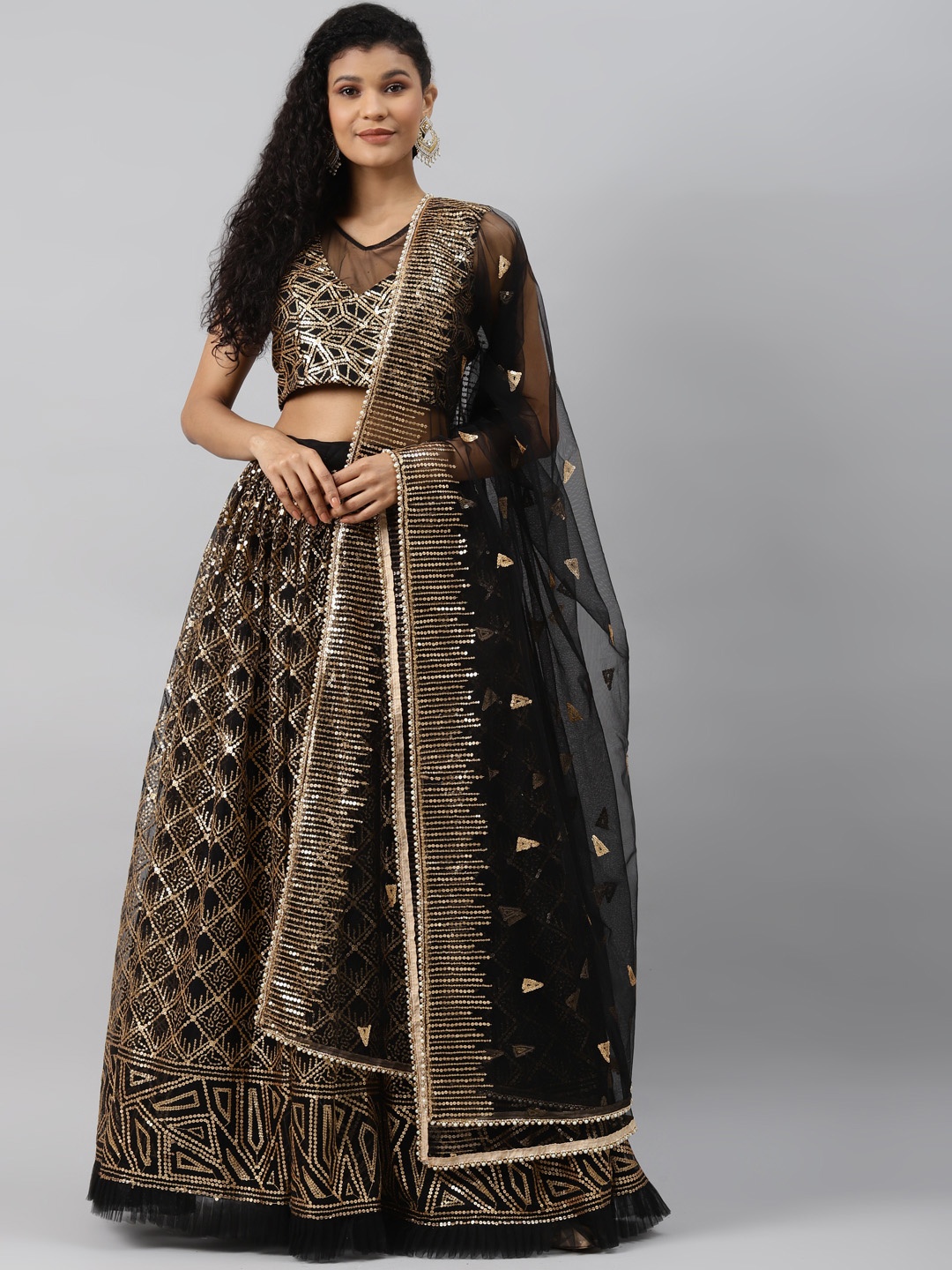 

Readiprint Fashions Black & Gold-Toned Embellished Semi-Stitched Lehenga & Unstitched Blouse with Dupatta