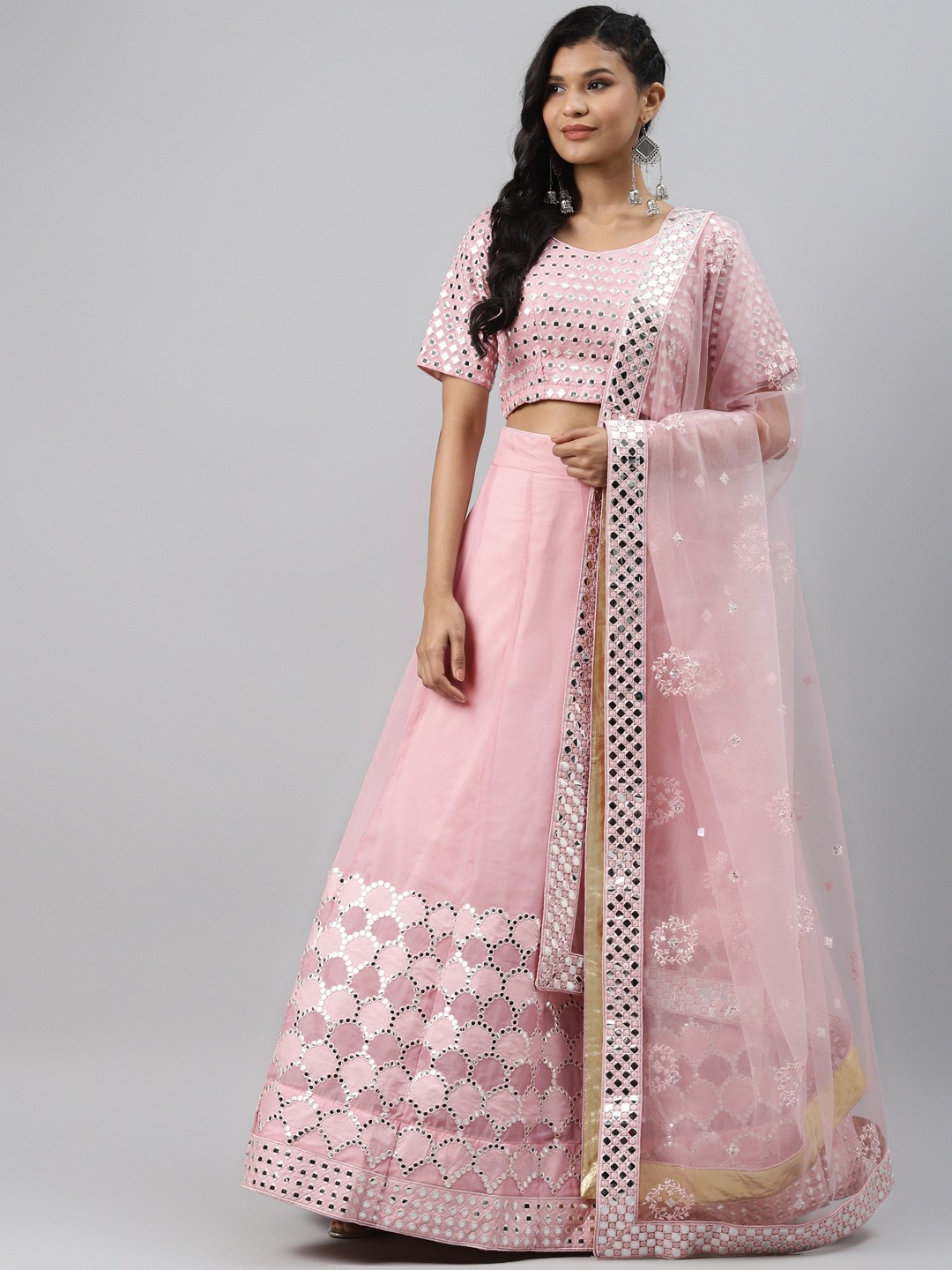 

Readiprint Fashions Pink & Silver-Toned Embroidered Semi-Stitched Lehenga & Unstitched Blouse with Dupatta