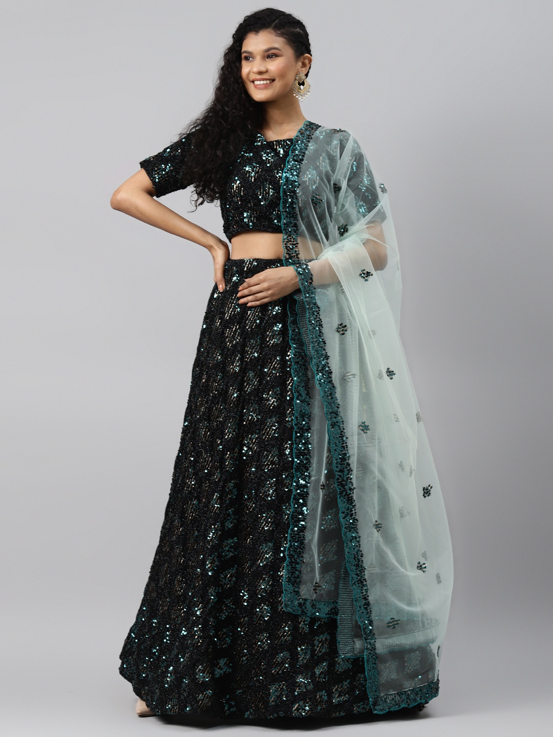 

Readiprint Fashions Black & Teal Green Semi-Stitched Lehenga & Blouse with Dupatta