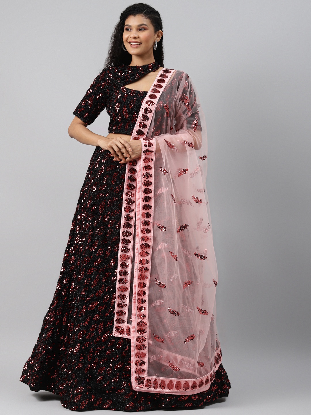 

Readiprint Fashions Black & Pink Embellished Semi-Stitched Lehenga & Unstitched Blouse with Dupatta