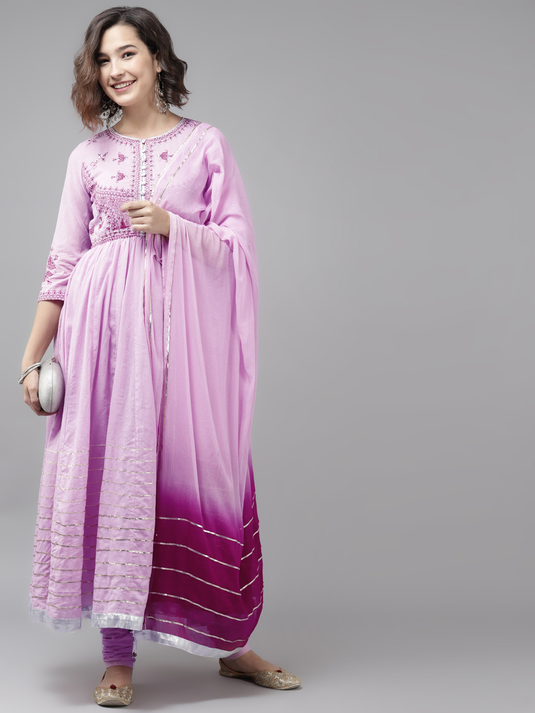 

Rain & Rainbow Women Lavender & Maroon Yoke Design Cotton Kurta with Churidar & Dupatta