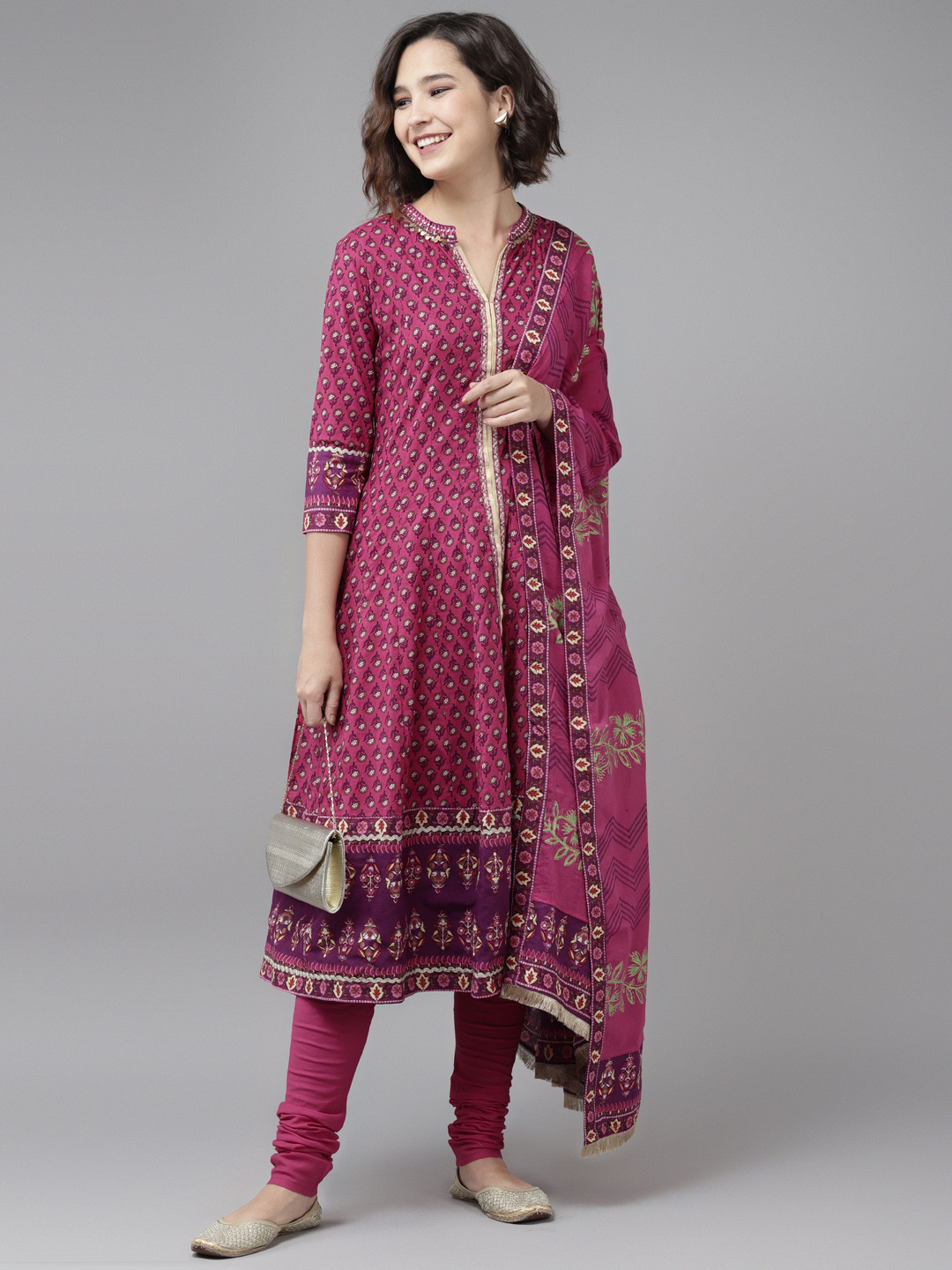 

Rain & Rainbow Women Magenta & Beige Printed Pure Cotton Kurta with Churidar & Dupatta