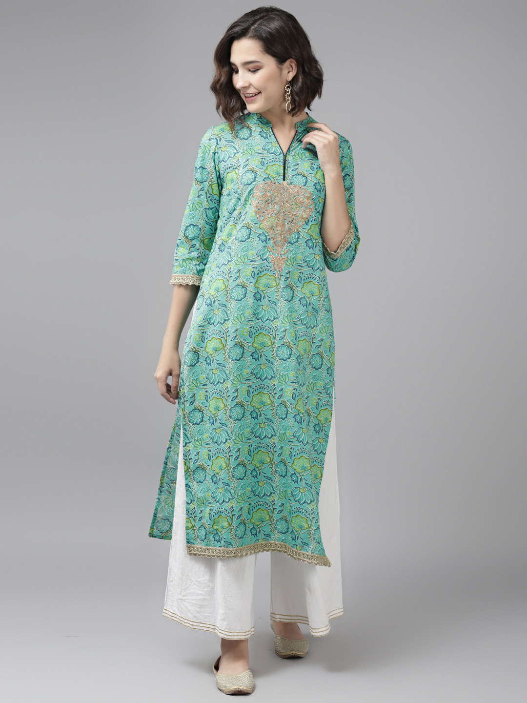 

Rain & Rainbow Women Green & Navy Blue Floral Printed Thread Work Straight Cotton Kurta