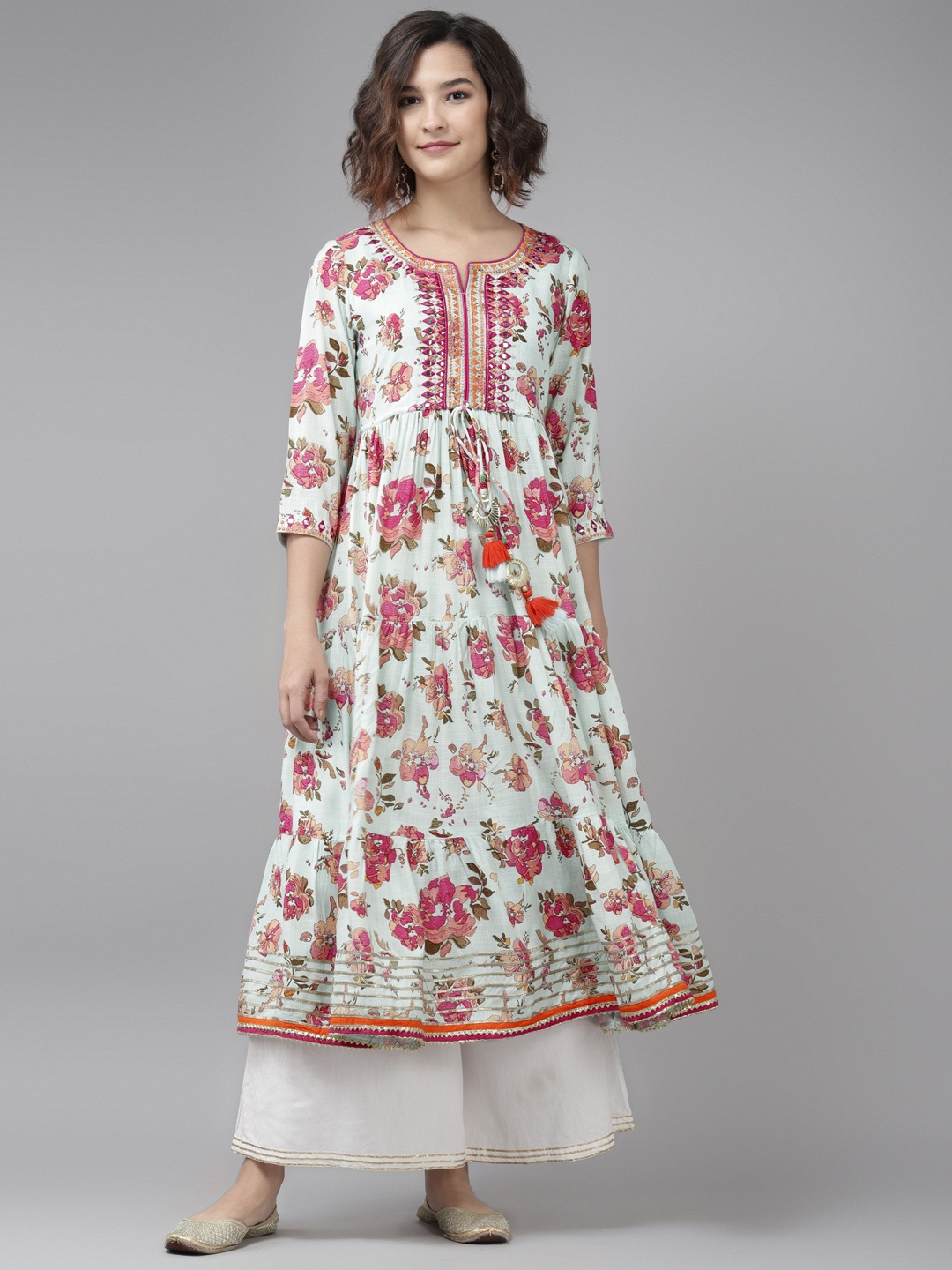 

Rain & Rainbow Women Sea Green & Orange Floral Print Tiered Anarkali Kurta with tie-Ups