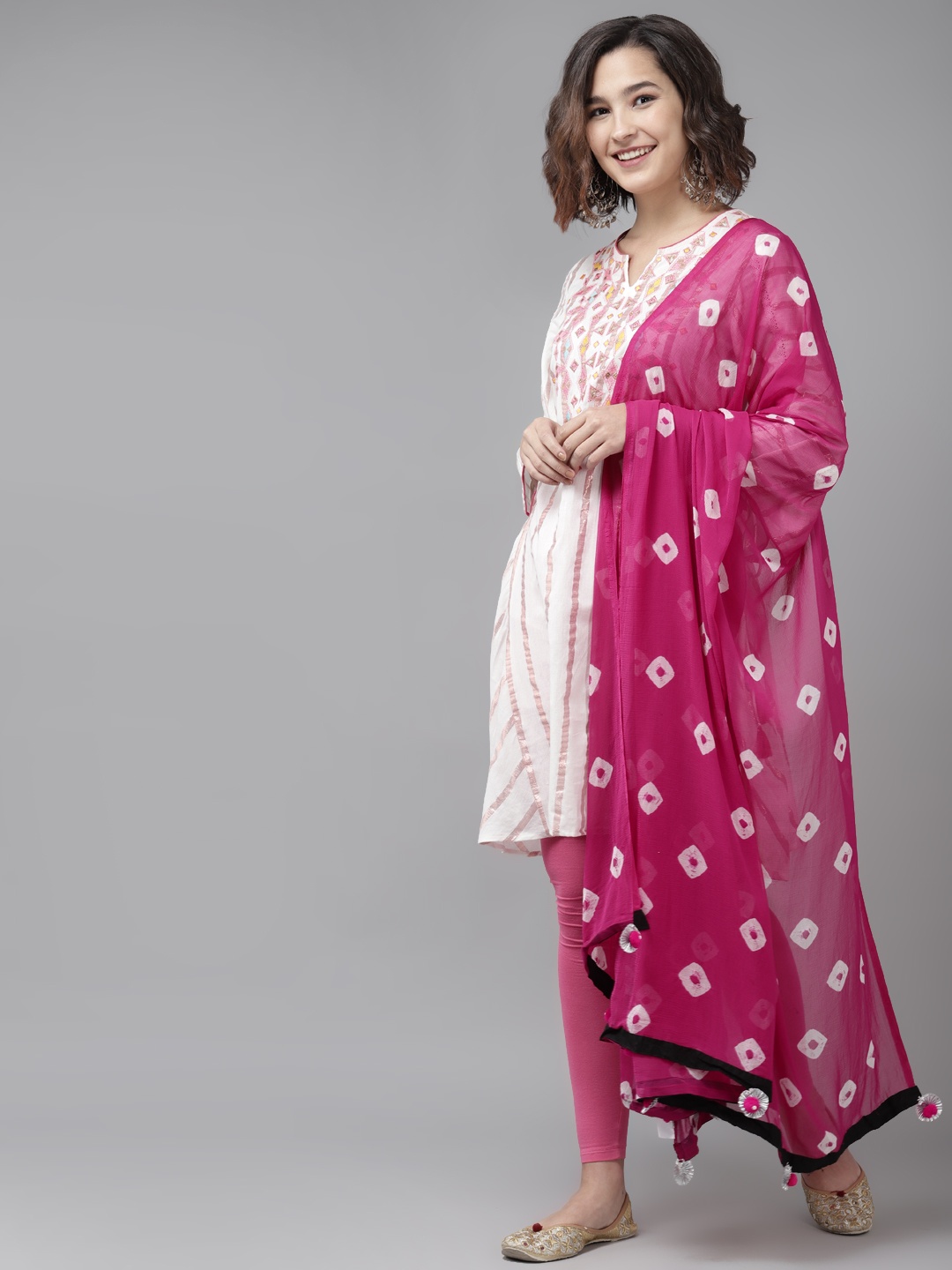 

Rain & Rainbow Women White & Pink Striped Pure Cotton Kurta with Churidar & Dupatta