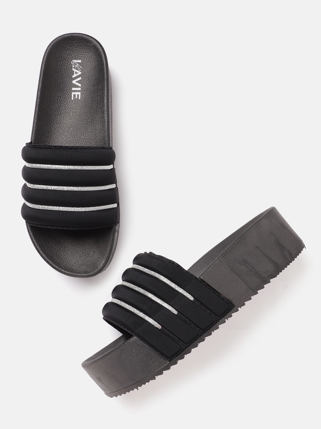 

Lavie Women Black & Silver-Toned Striped Shimmer Open Toe Flatforms
