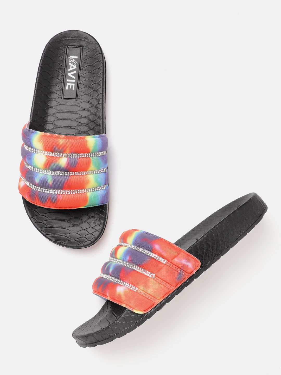 

Lavie Women Coral Orange & Blue Printed & Embellished Open Toe Flats