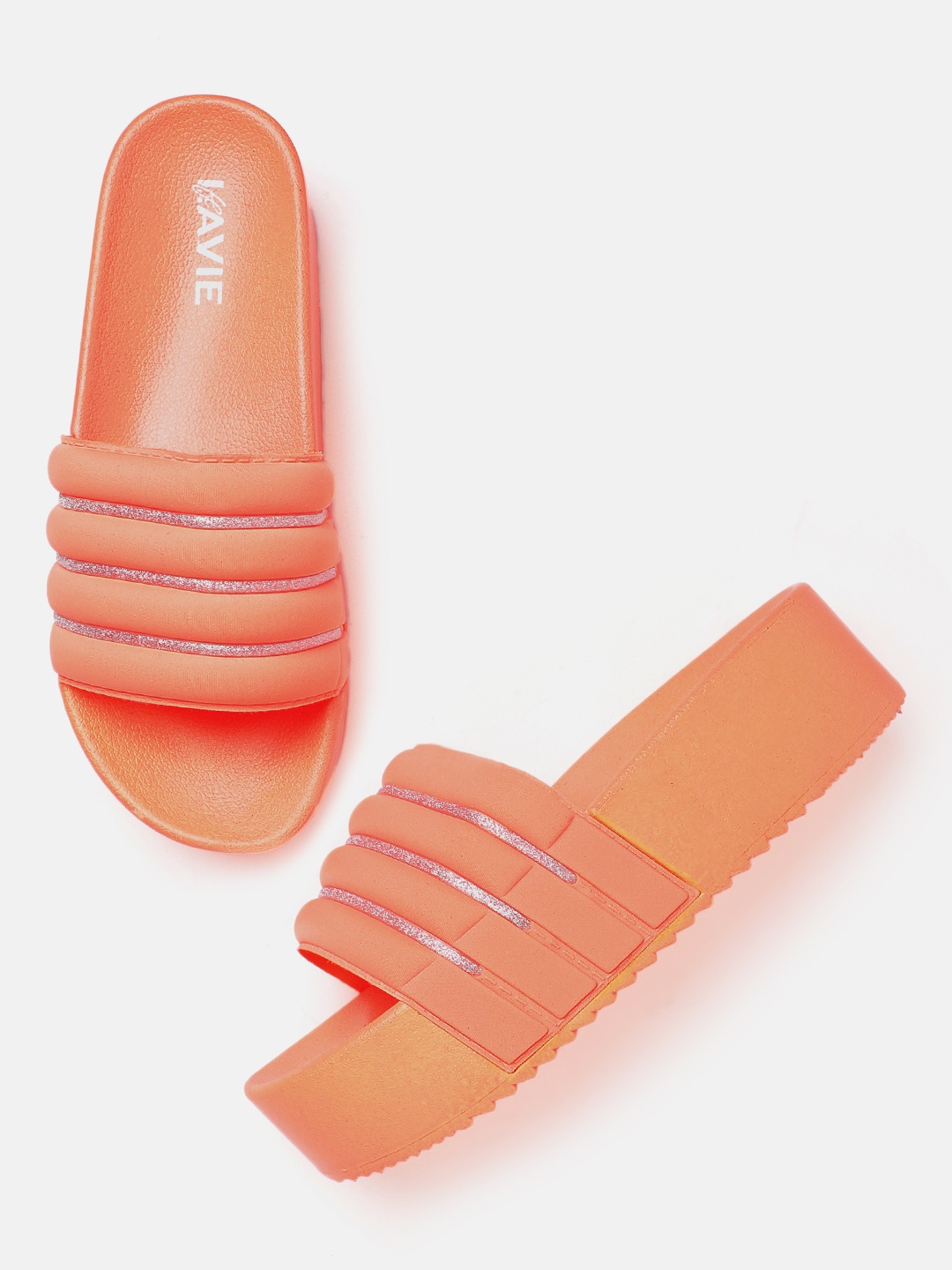 

Lavie Women Coral Orange & Silver-Toned Striped Shimmer Open Toe Flatforms