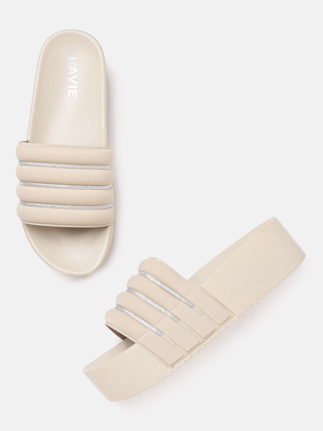 

Lavie Women Beige & Silver-Toned Striped Shimmer Open Toe Flatforms