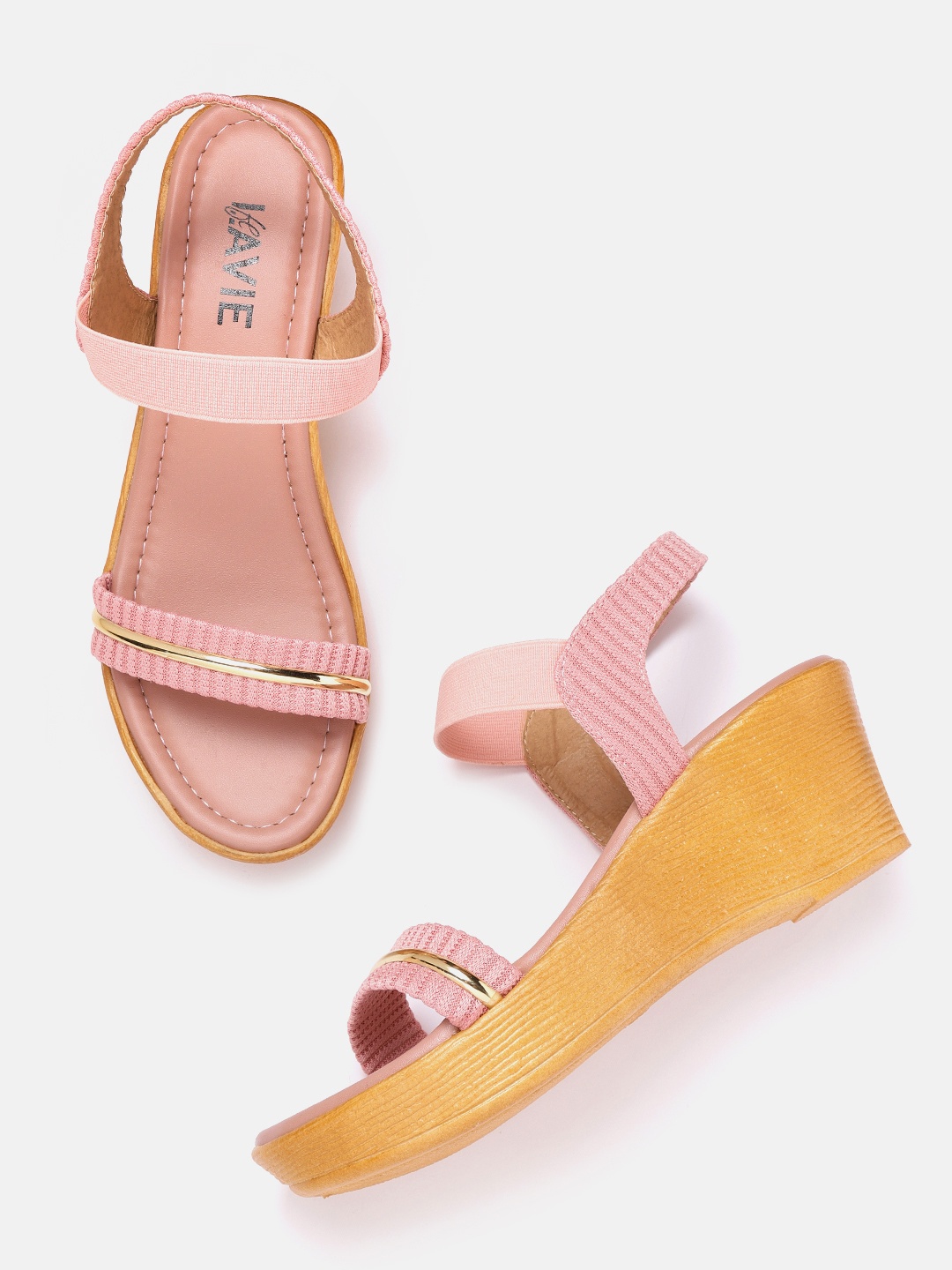 

Lavie Women Pink & Gold-Toned Self-Striped Wedges
