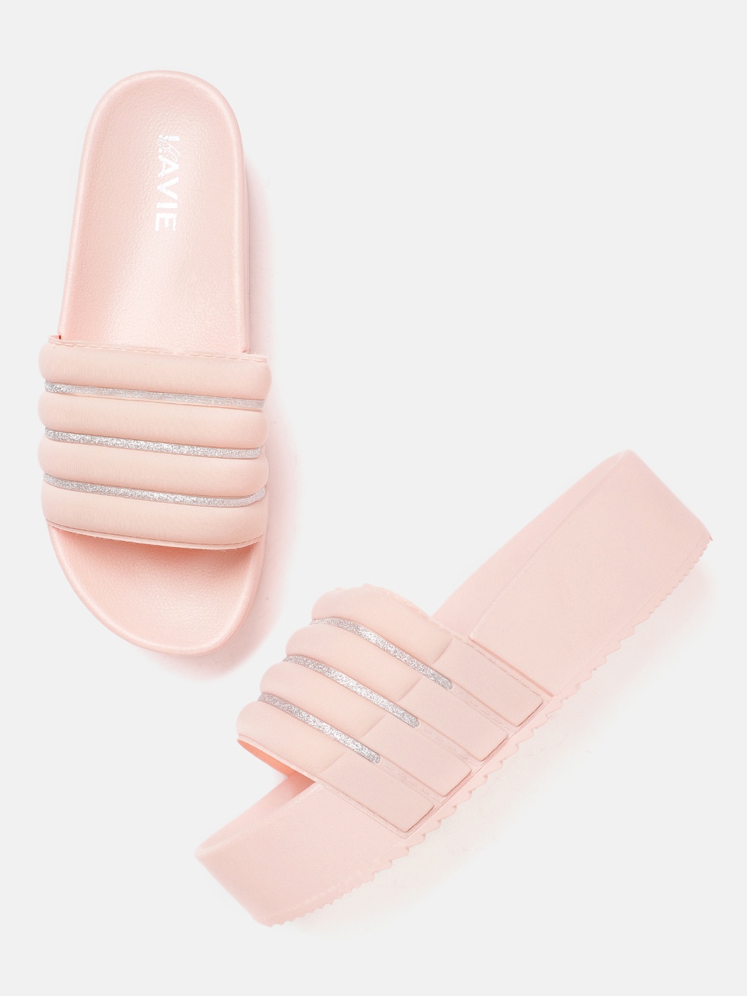 

Lavie Women Pink & Silver-Toned Striped Shimmer Open Toe Flatforms