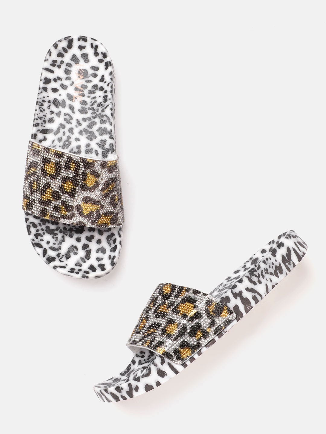 

Lavie Women Grey & Black Leopard Print Embellished Open Toe Flats
