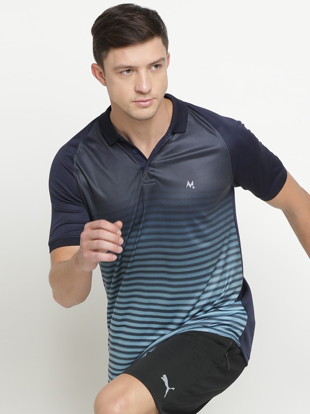 

Maniac Men Navy Blue Striped Polo Collar Cotton Pure Cotton T-shirt