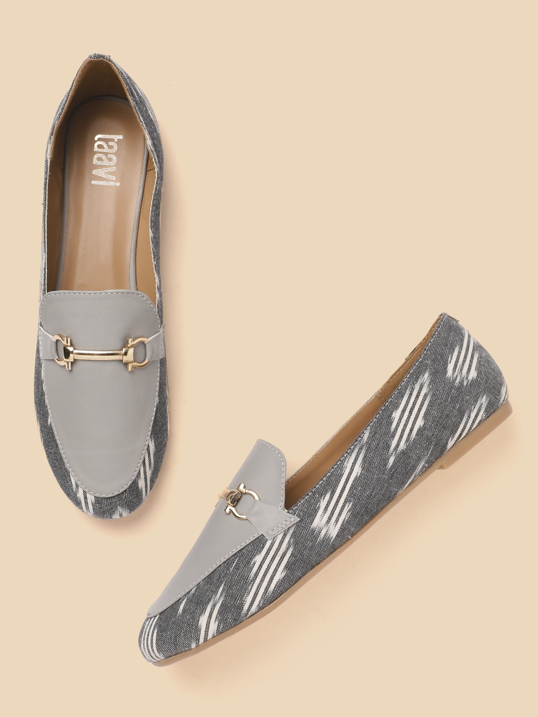 

Taavi Women Grey & White Printed Handcrafted Horsebit Loafers