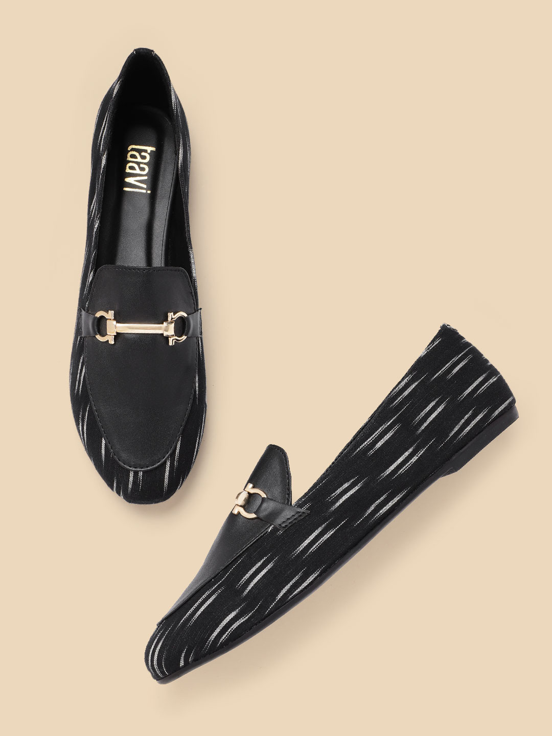 

Taavi Women Black & Off-White Woven Design Handcrafted Horsebit Loafers