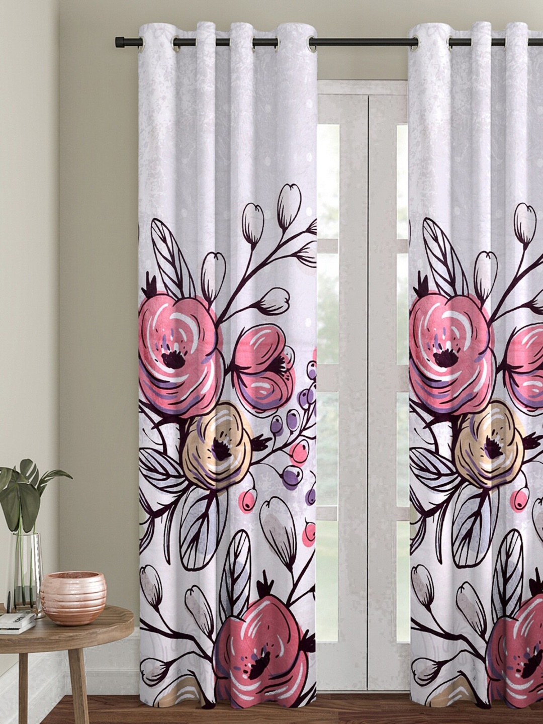 

ROMEE Off-White & Pink Single Room Darkening Curtain