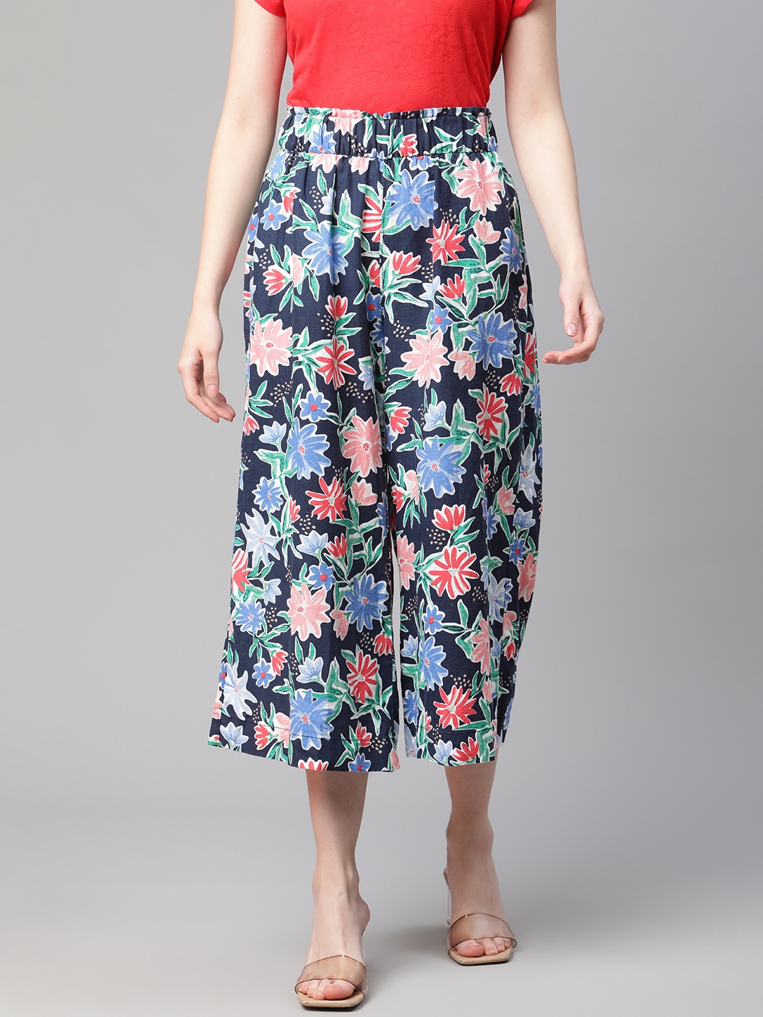 

Marks & Spencer Women Navy & Pink Floral Print Culottes, Navy blue