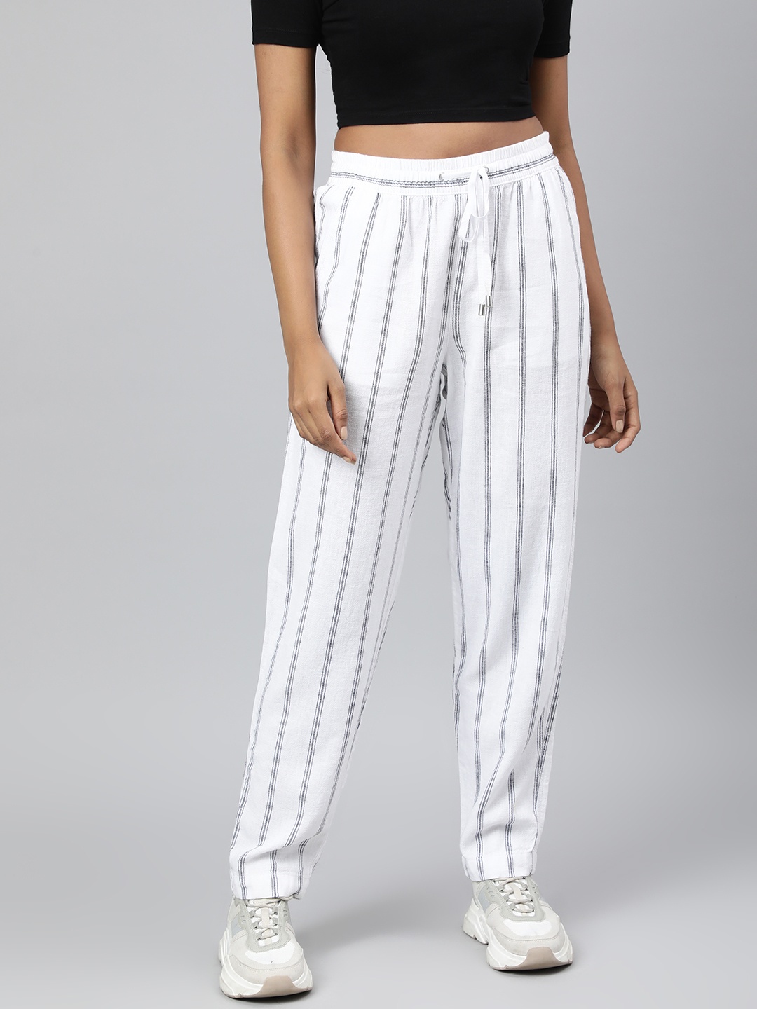 

Marks & Spencer Women White & Navy Blue Striped Regular Fit Track Pants