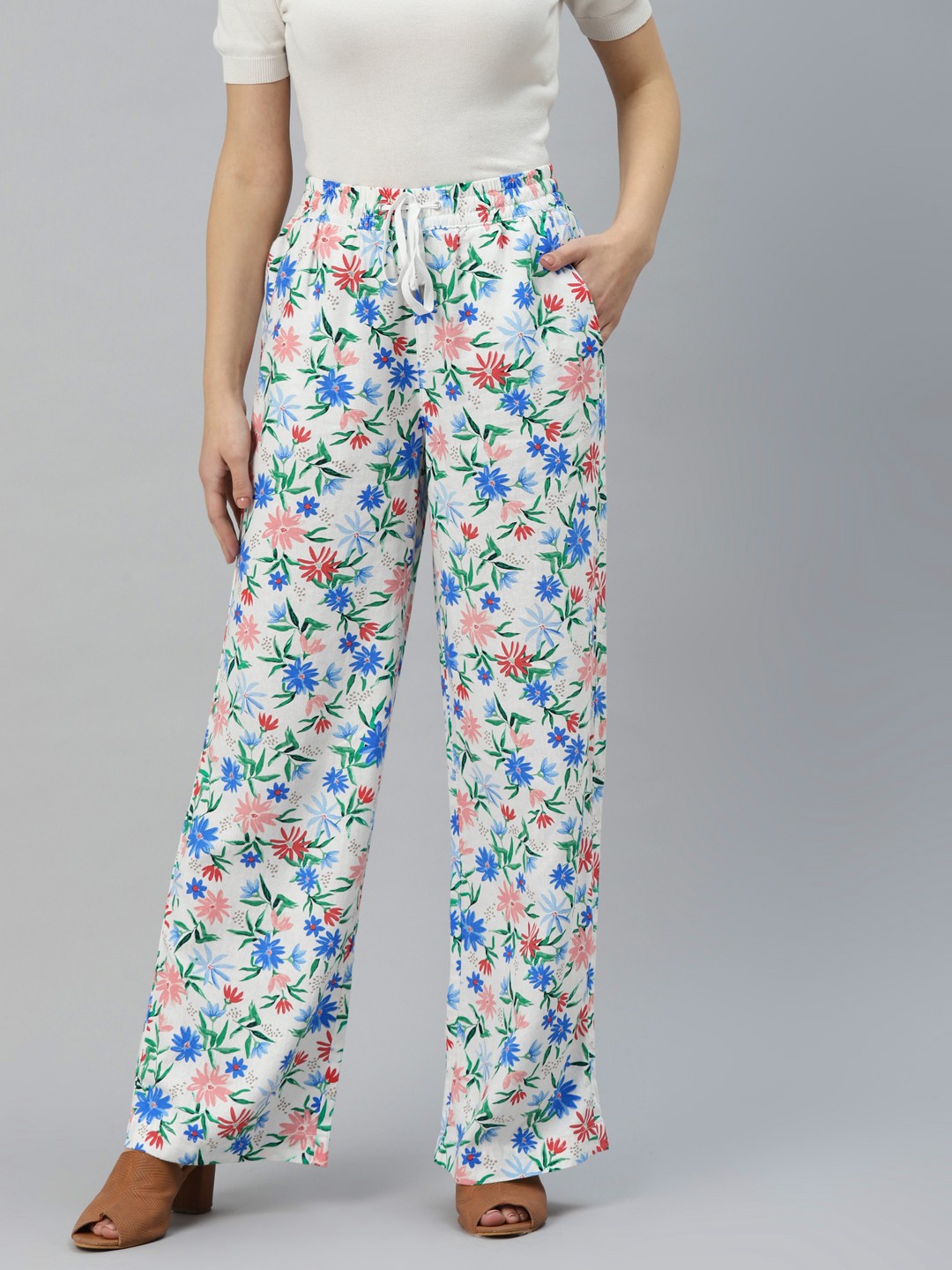 

Marks & Spencer Women White & Blue Floral Print Trousers