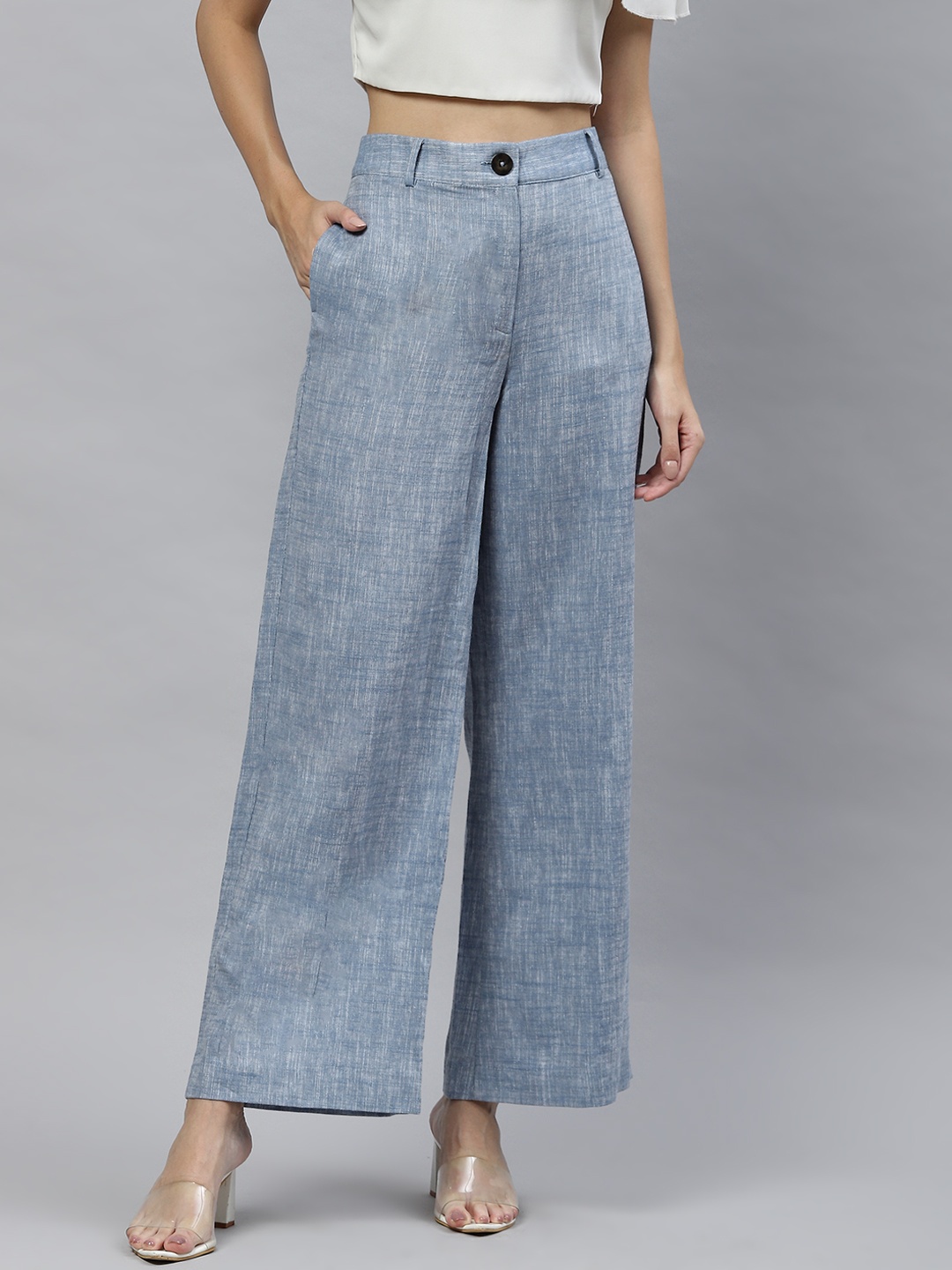 

Marks & Spencer Women Blue Textured Chambray Parallel Trousers