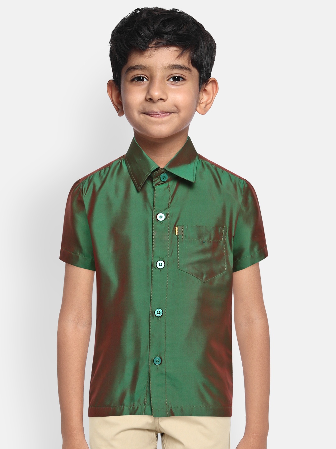 

THANGAMAGAN Boys Green Regular Fit Solid Ethnic Silk Shirt