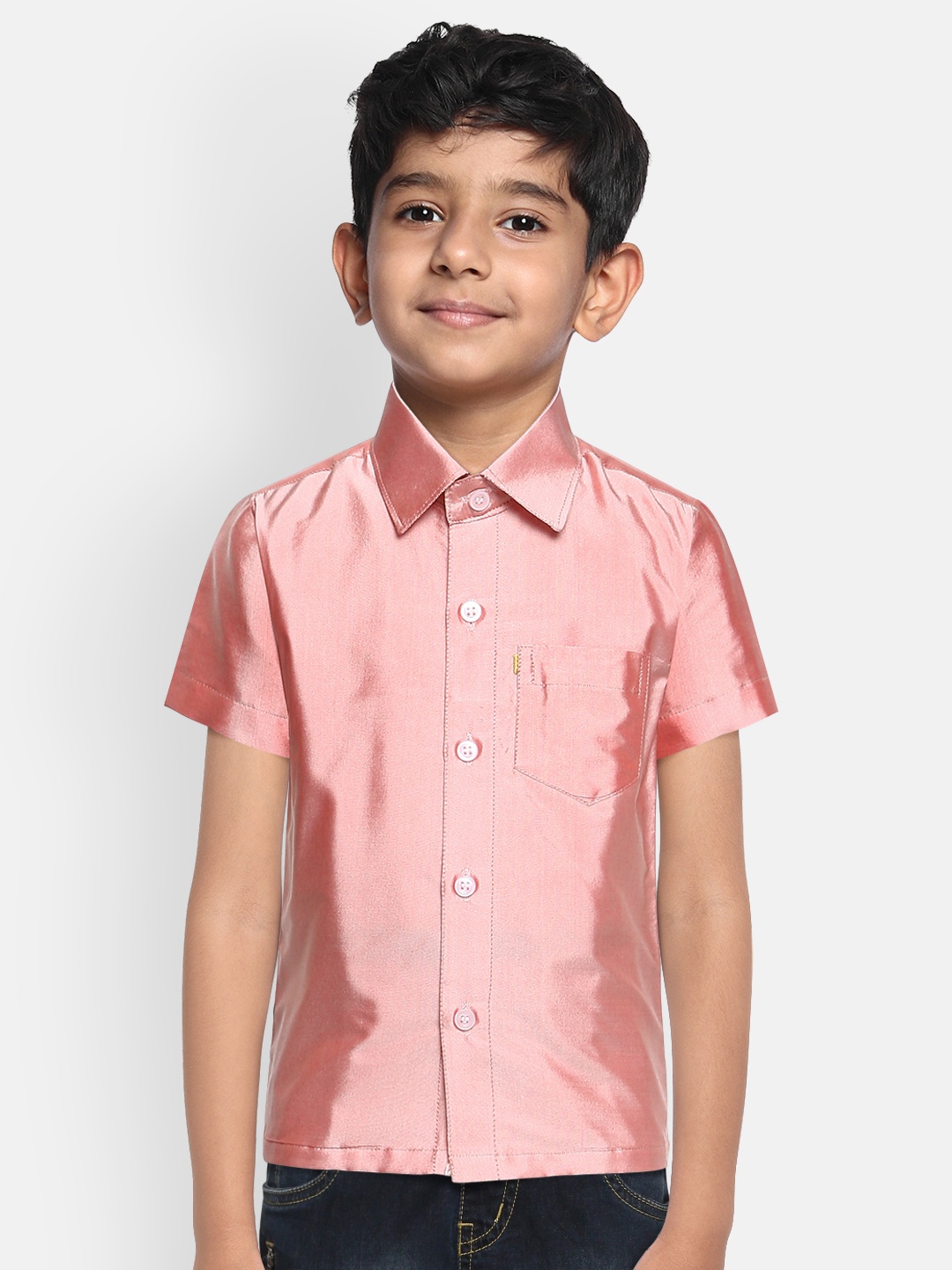 

THANGAMAGAN Boys Pink Regular Fit Solid Ethnic Silk Shirt