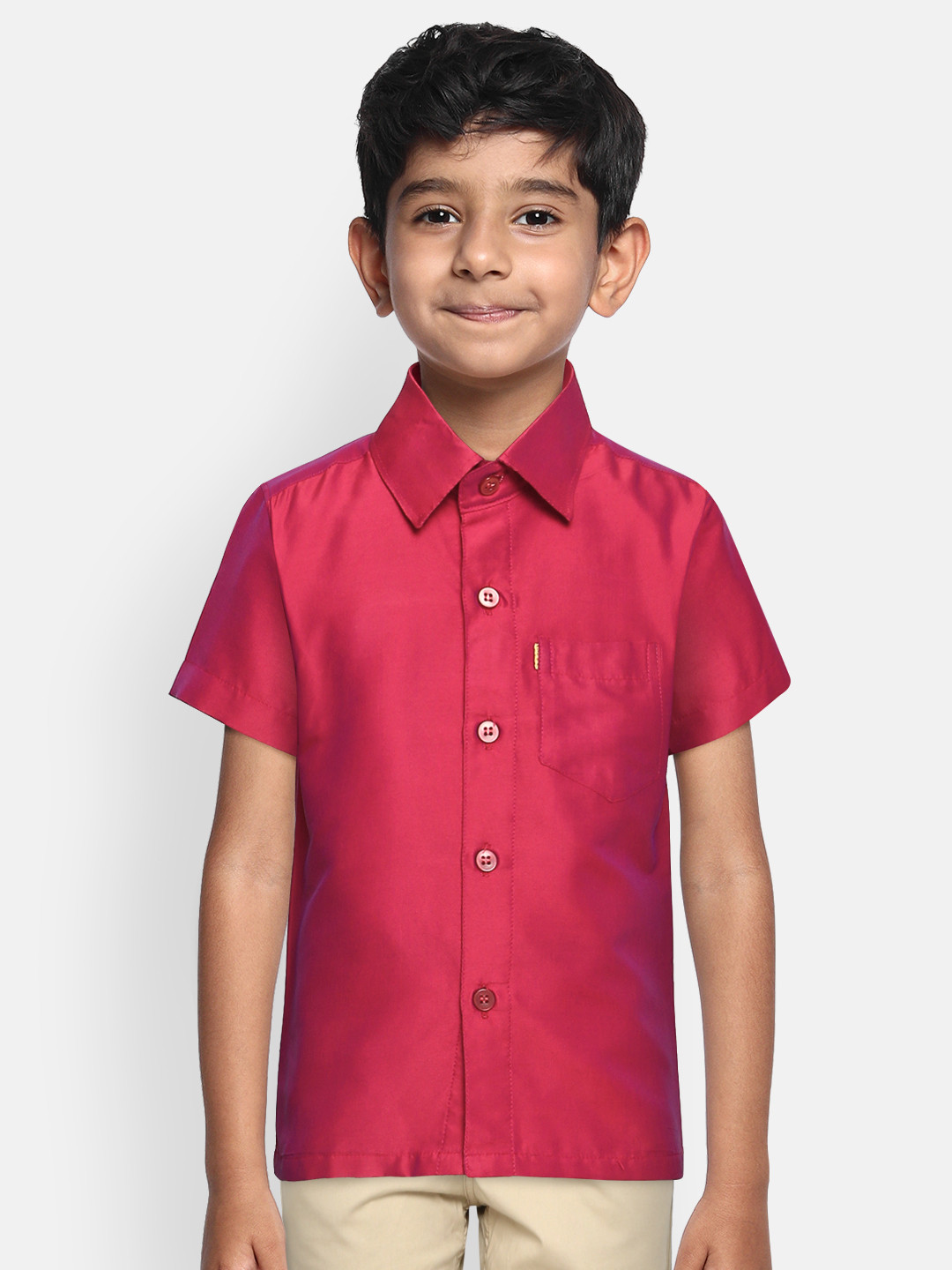 

THANGAMAGAN Boys Magenta Regular Fit Solid Ethnic Silk Shirt