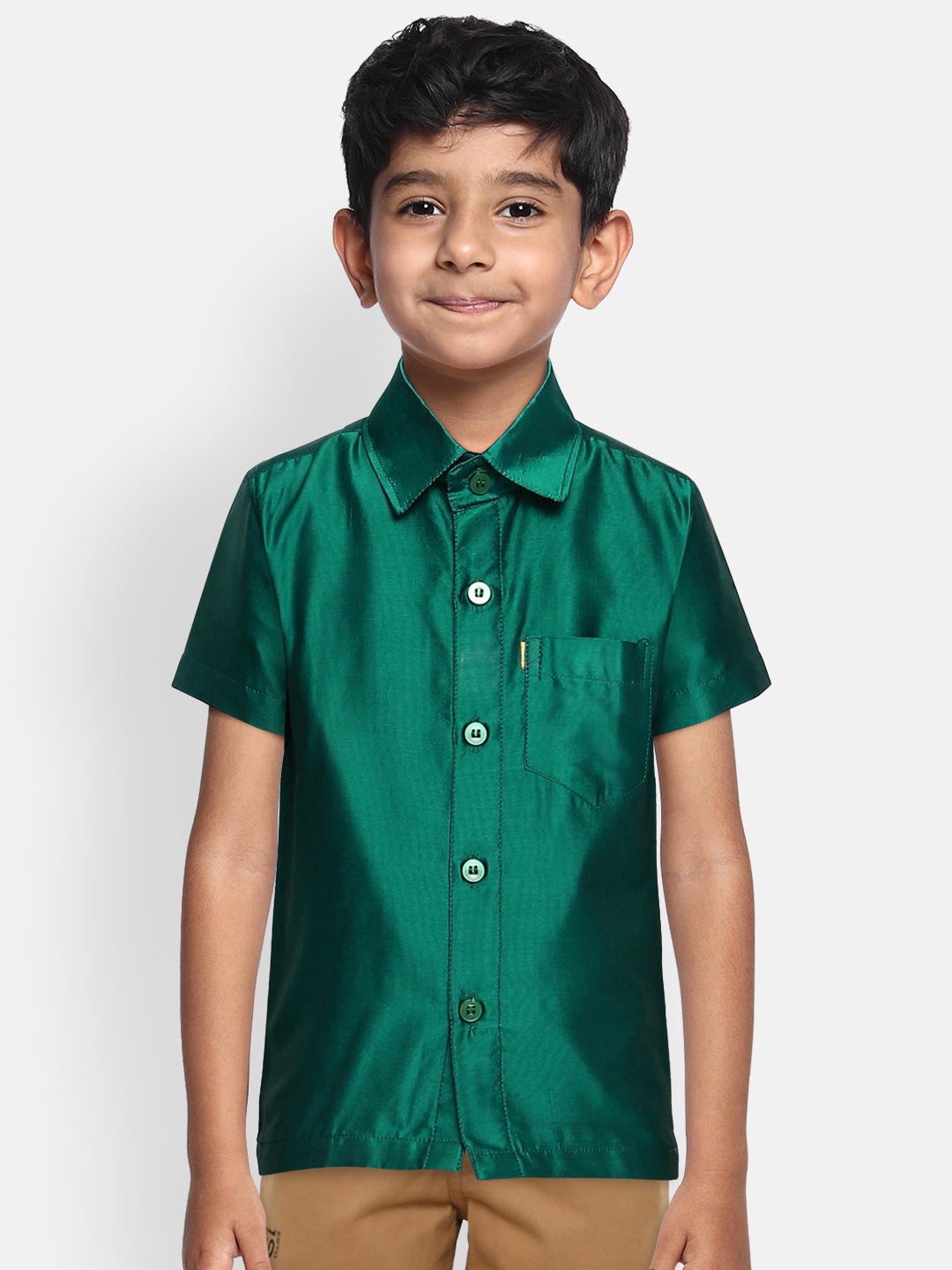 

THANGAMAGAN Boys Green Regular Fit Solid Ethnic Silk Shirt