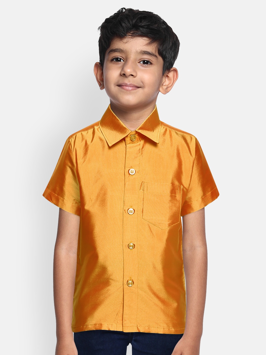 

THANGAMAGAN Boys Orange Regular Fit Solid Ethnic Silk Shirt