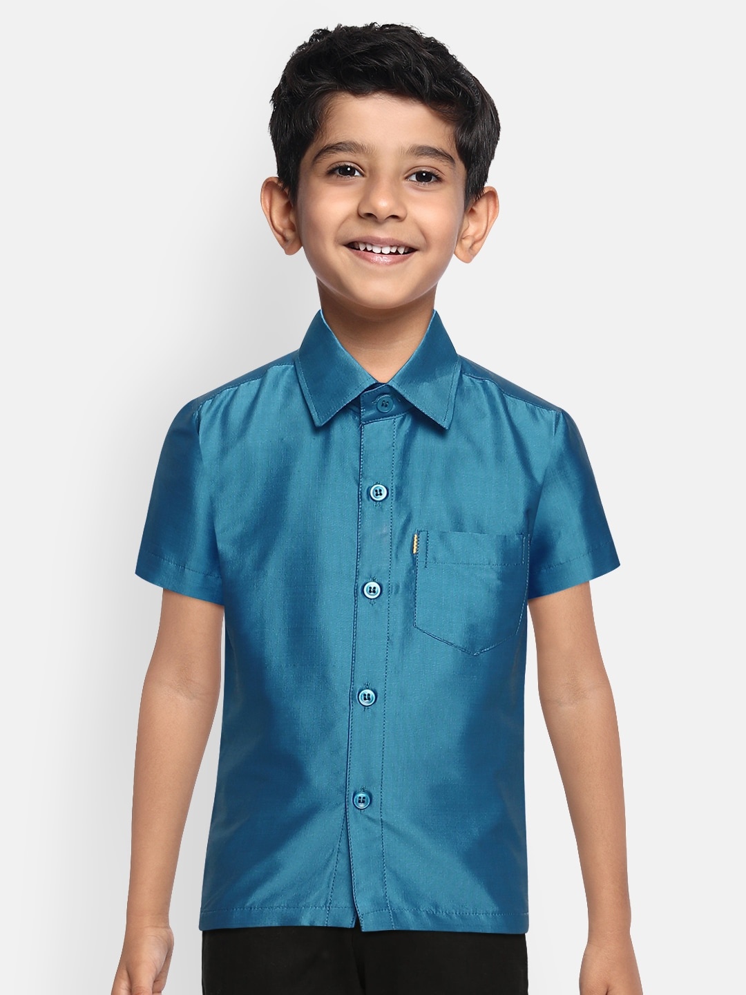 

THANGAMAGAN Boys Blue Regular Fit Solid Ethnic Silk Shirt