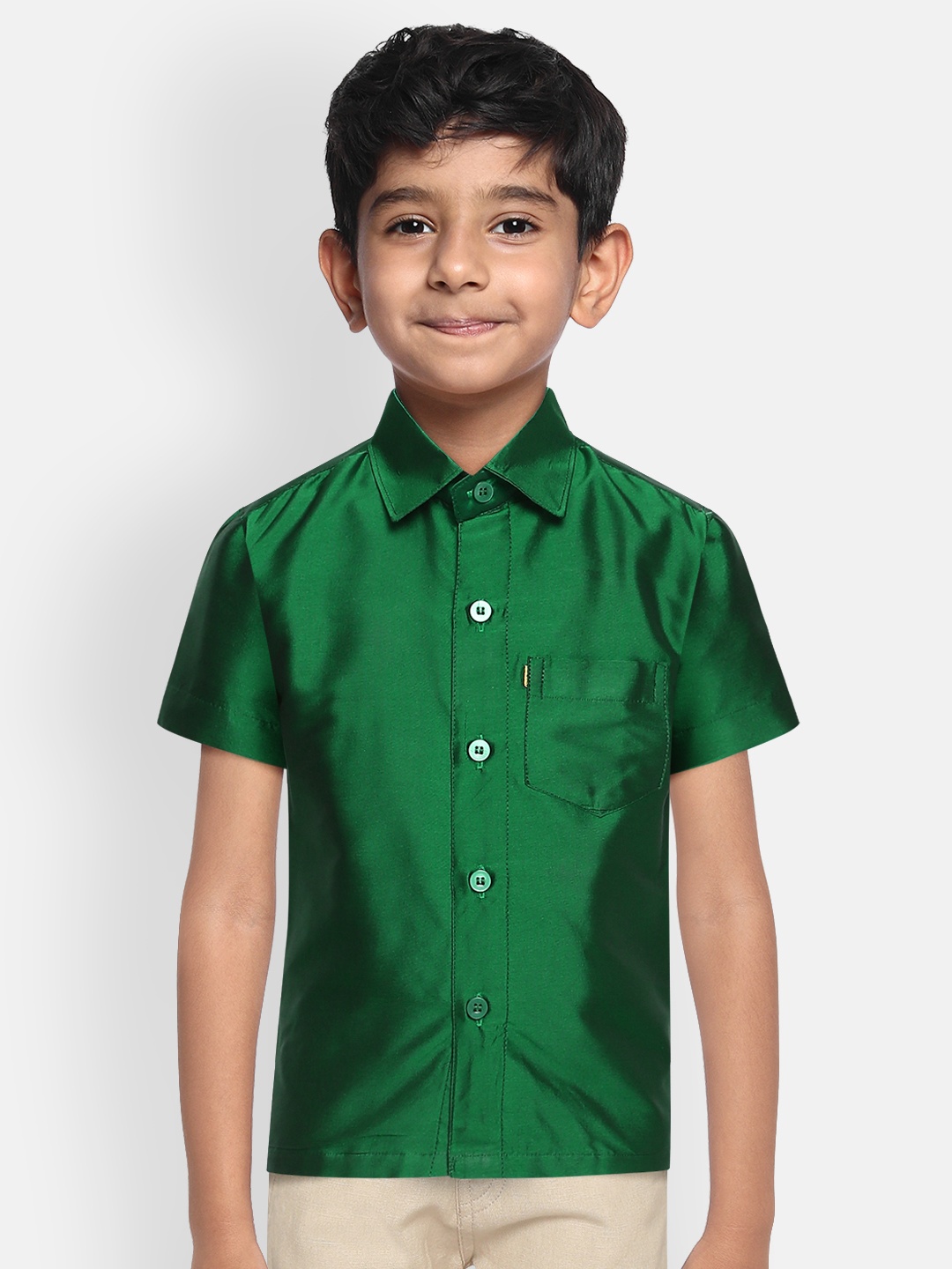 

THANGAMAGAN Boys Green Regular Fit Solid Ethnic Silk Shirt