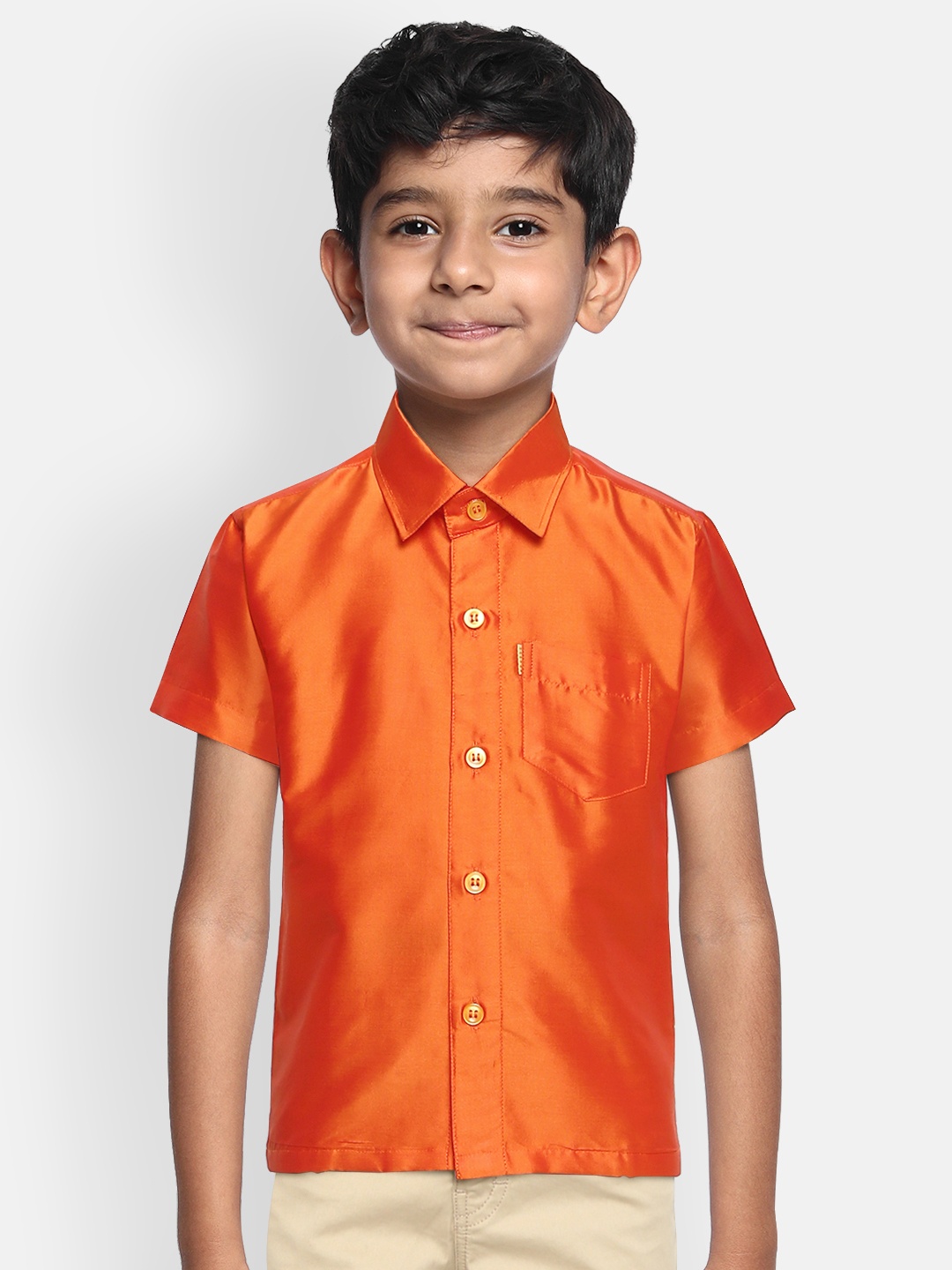 

THANGAMAGAN Boys Orange Regular Fit Solid Ethnic Silk Shirt