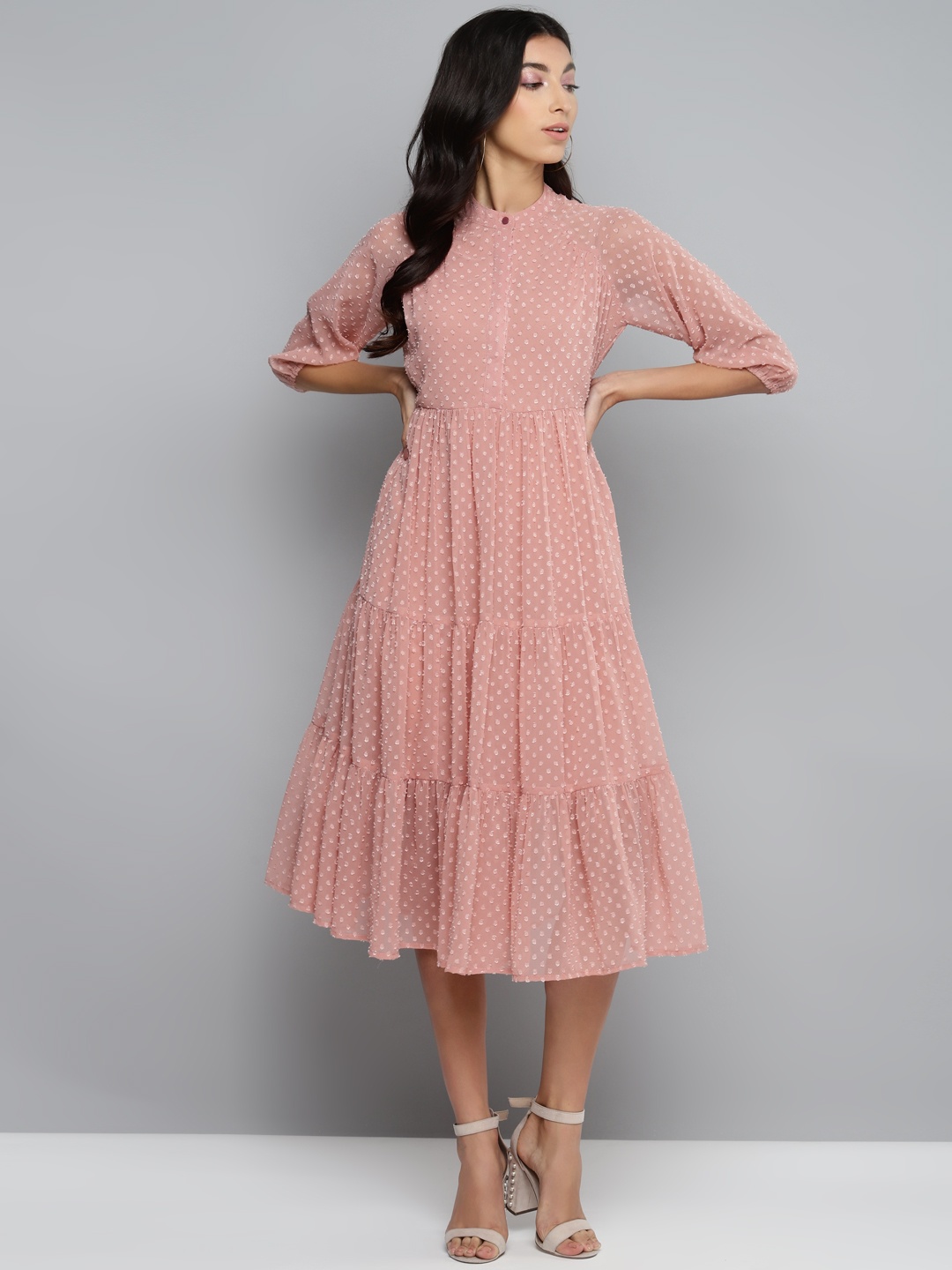 

Femella Women Pink Self Design Tiered A-Line Dress