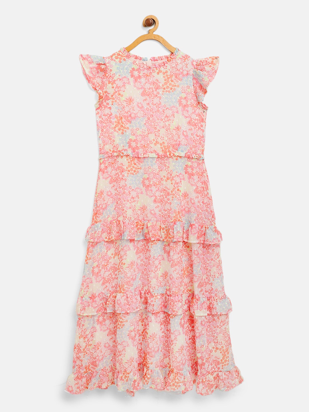 

Marks & Spencer Girls Coral Pink & Blue Romantic Floral Print Tiered Maxi Dress