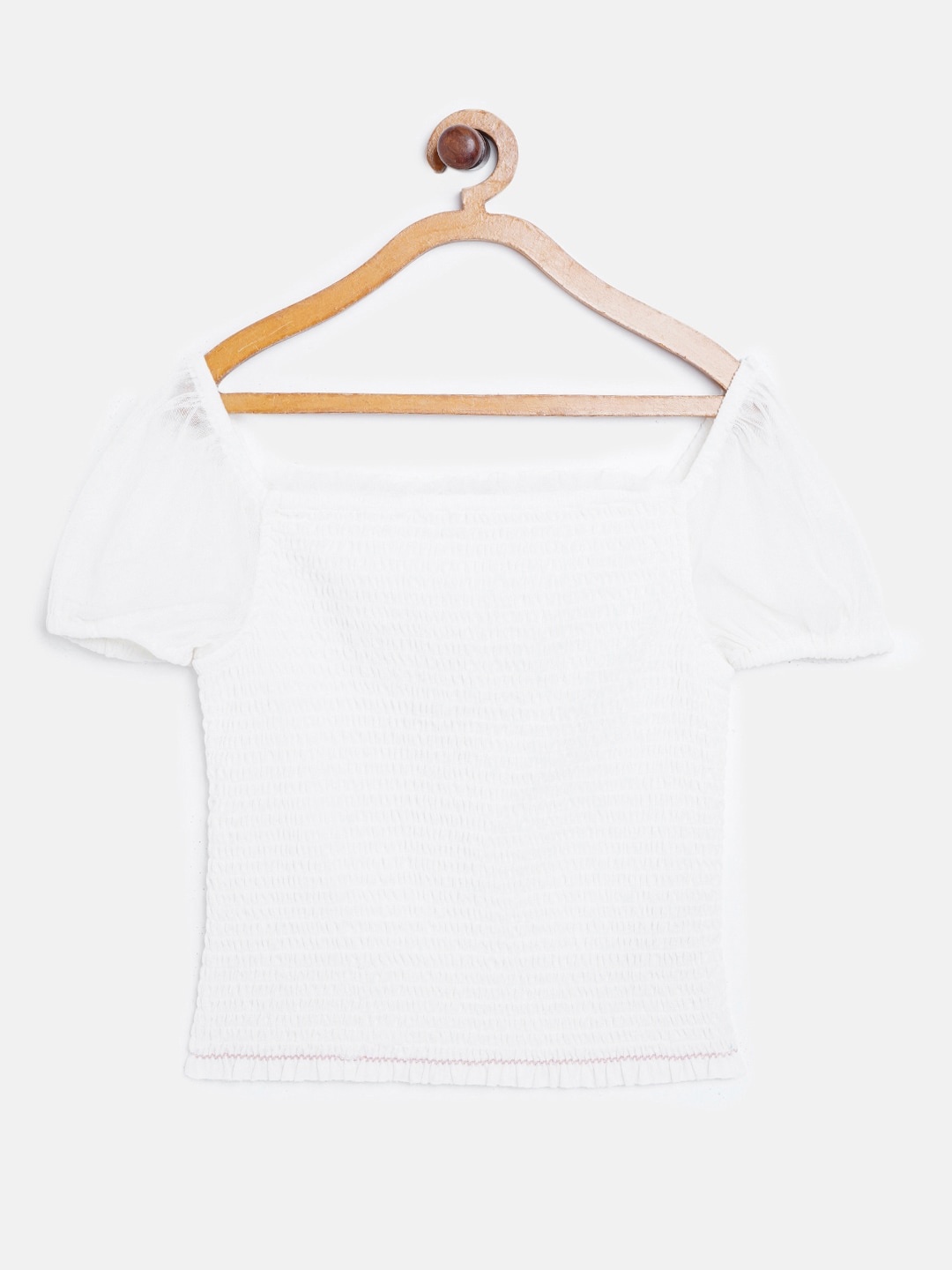 

Marks & Spencer Girls White Solid Smocked Off-Shoulder Puff Sleeves Bardot Top