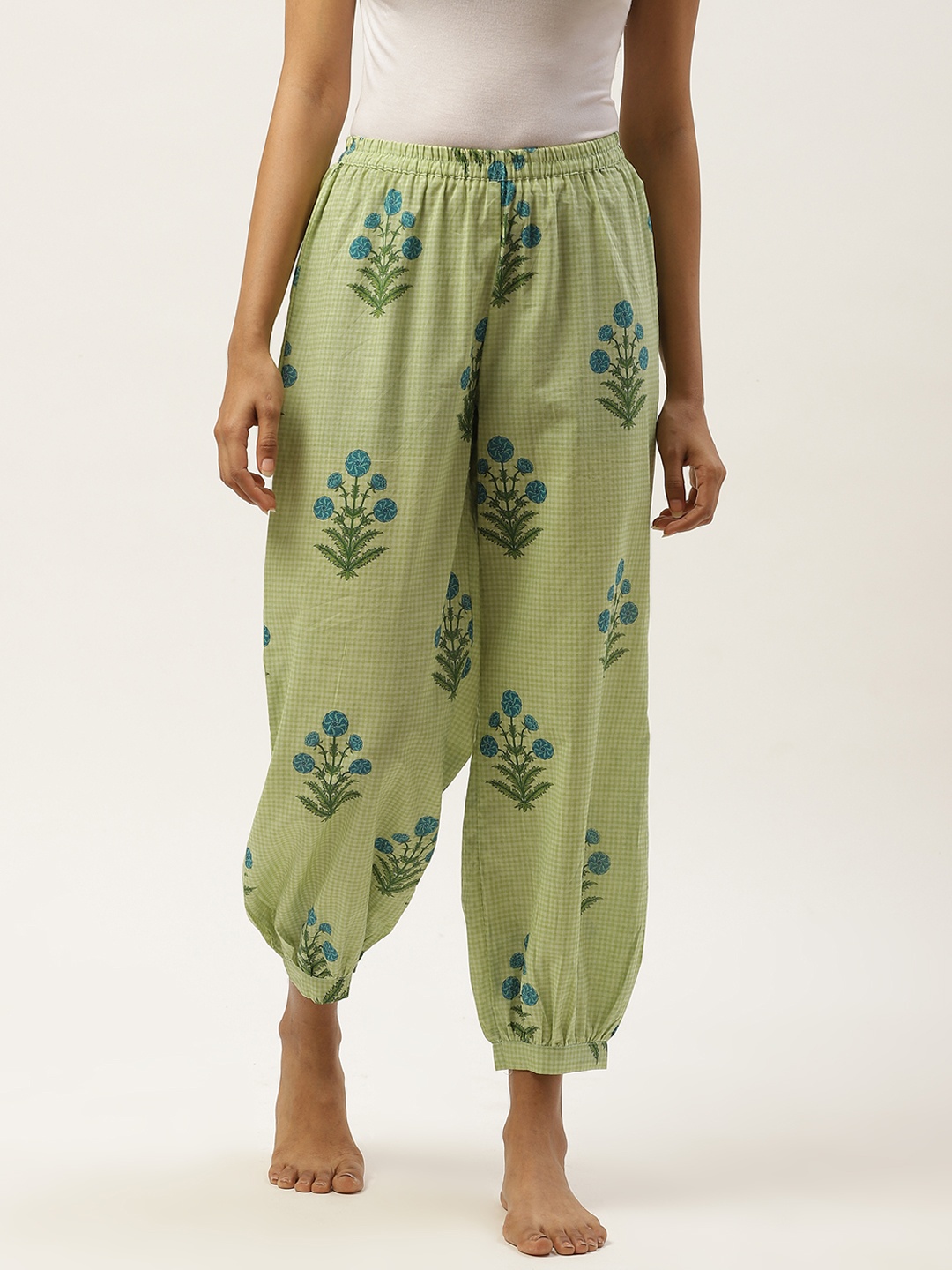 

pinwheel Women Green & Blue Ethnic Floral Print Cotton Crop Balloon Lounge Pants