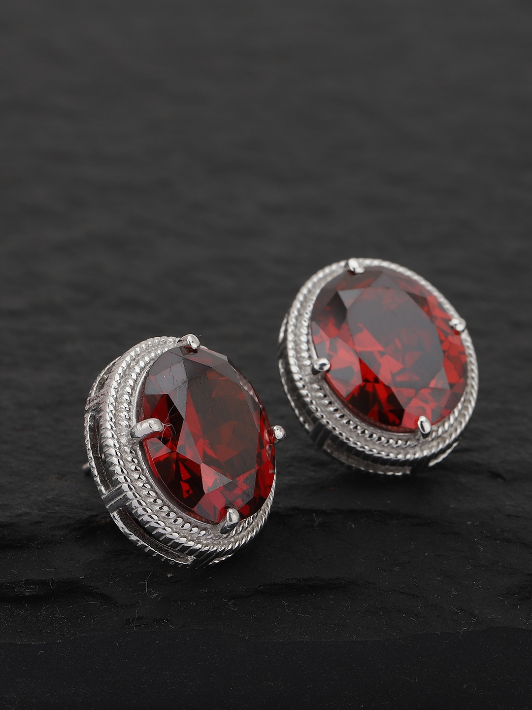 

Carlton London Maroon & Silver-Toned Rhodium-Plated Stone Studded Oval Studs
