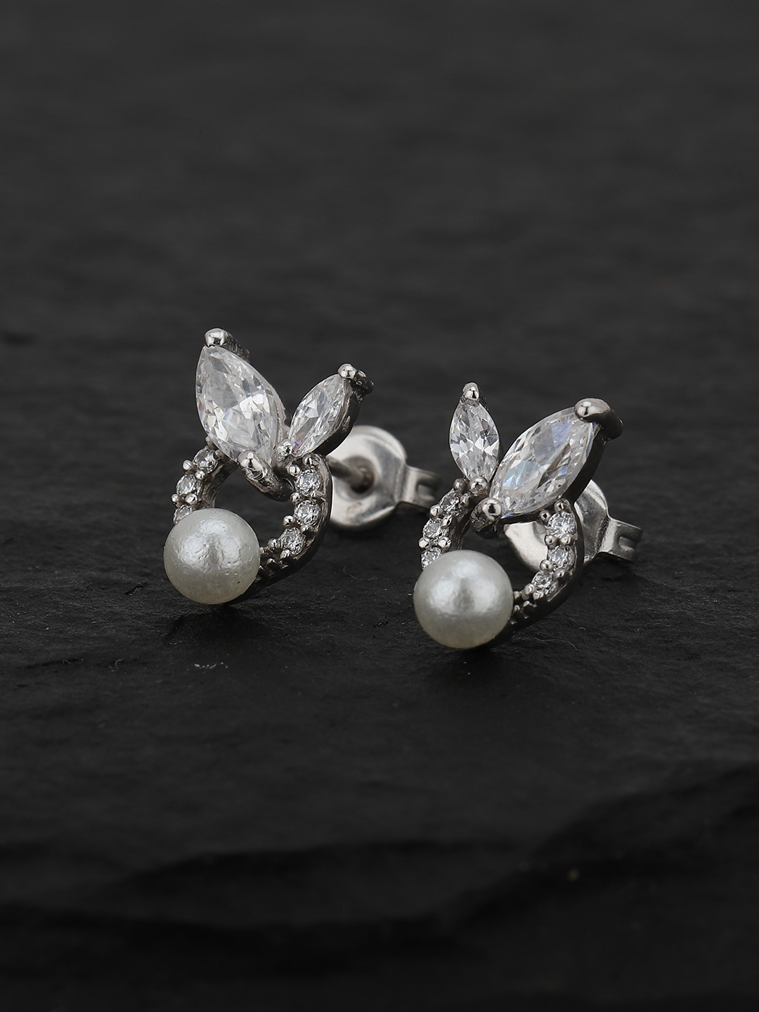 

Carlton London Silver-Toned & White Rhodium-Plated Stone Studded & Beaded Spherical Studs